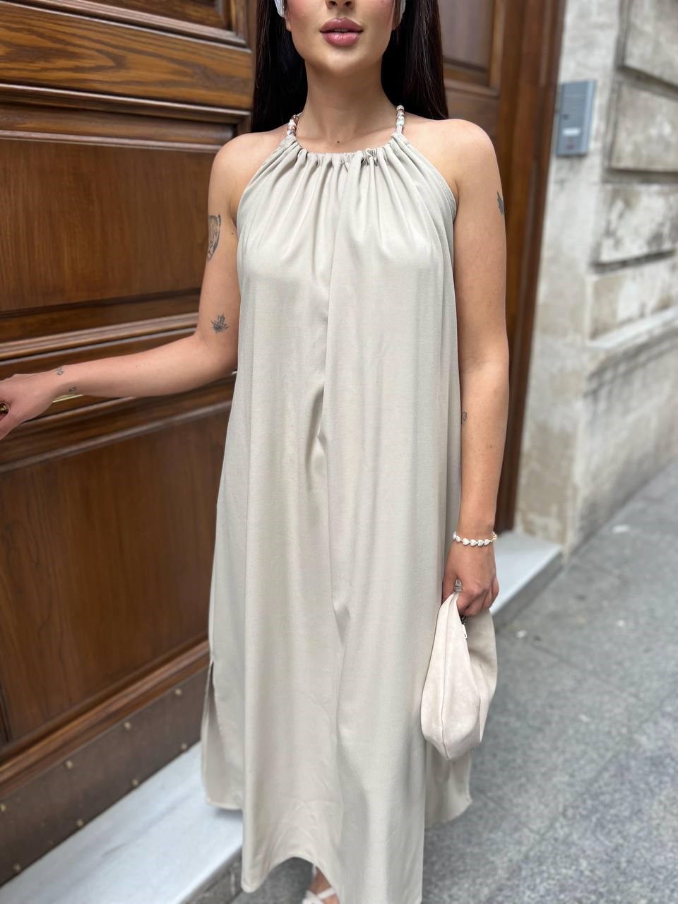 boncuklu keten elbise taş