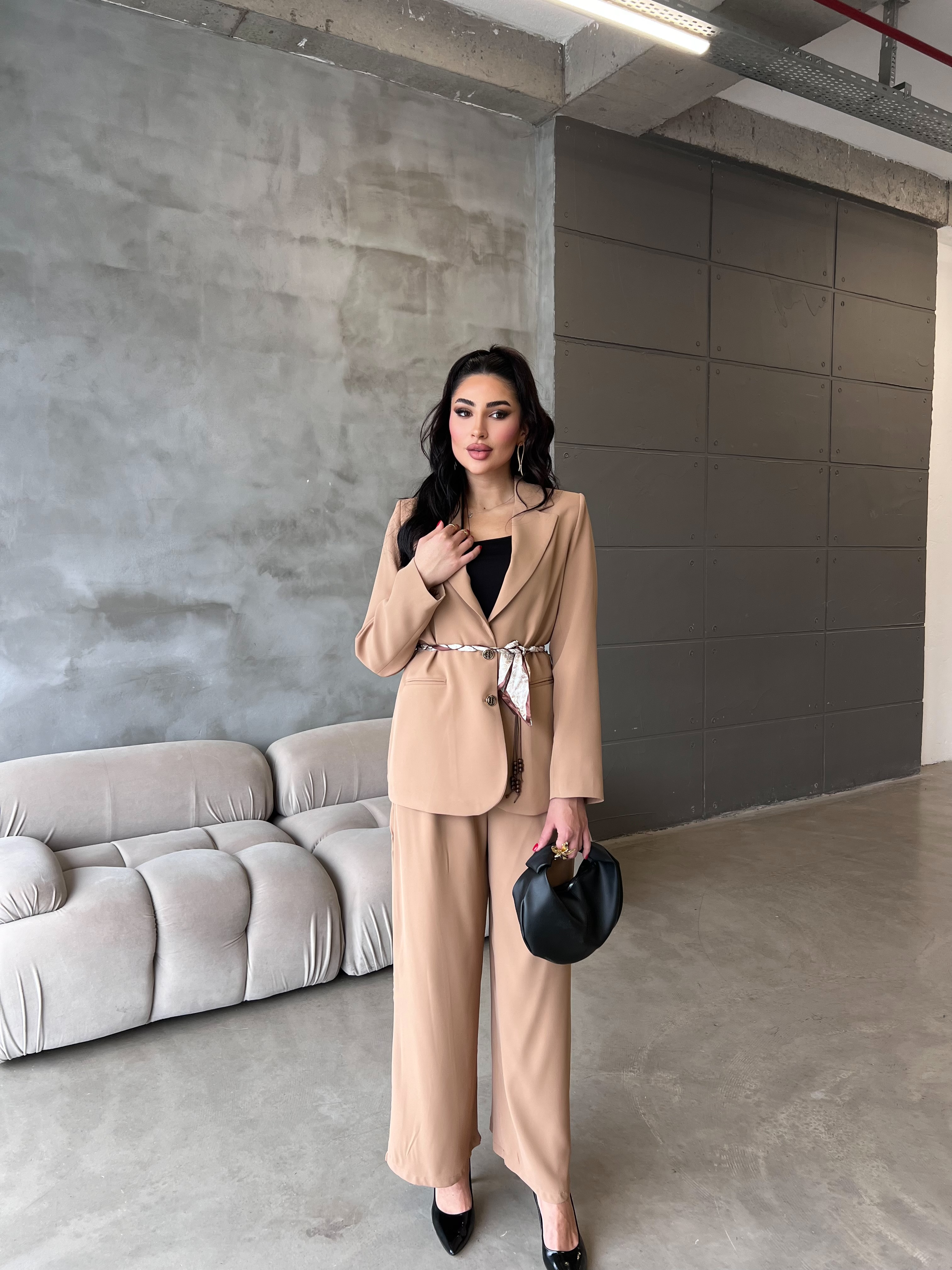 Cindy Şal Kemerli Ceket Takım Latte