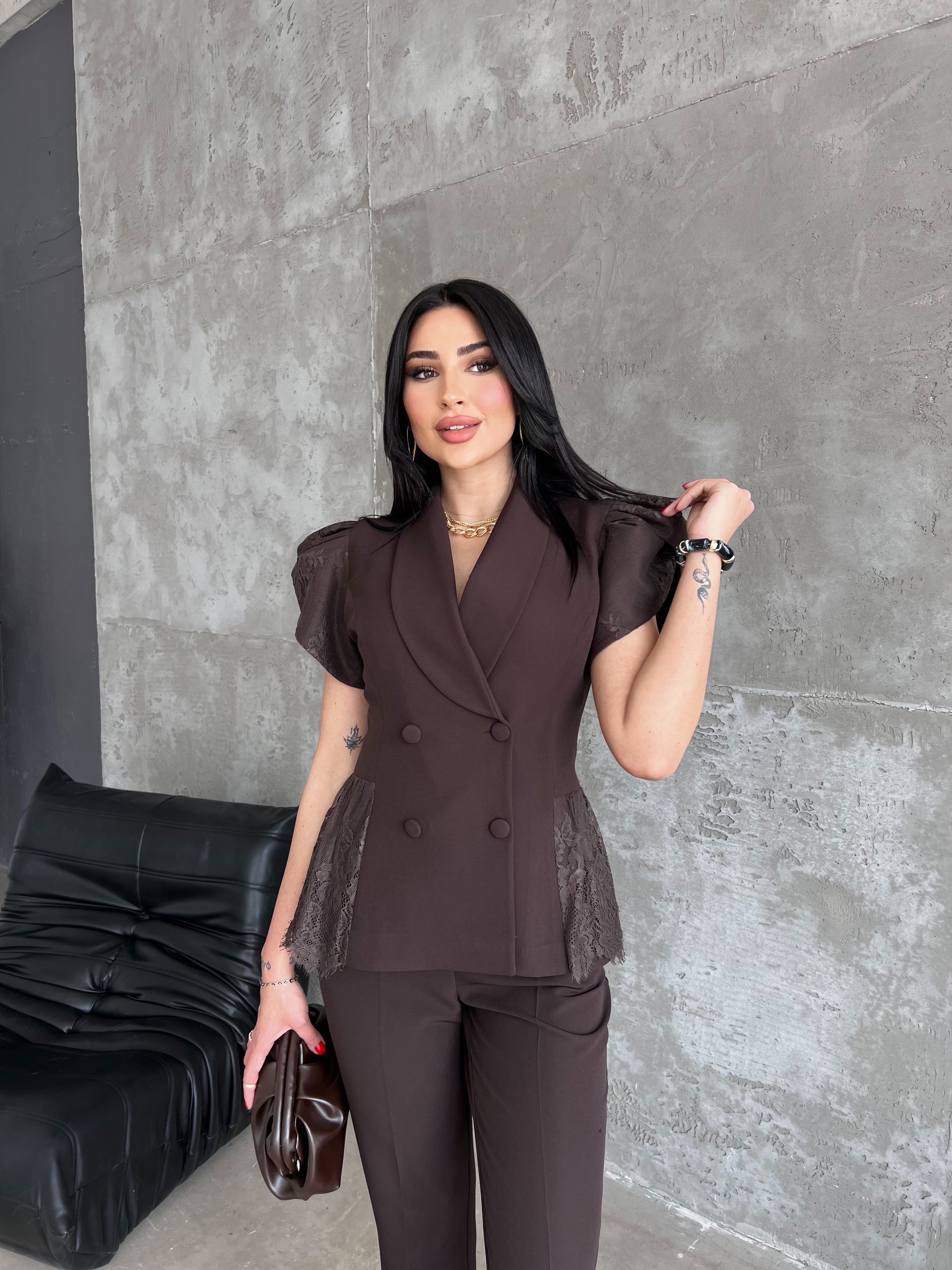 dantel detaylı ceket takım kahve   