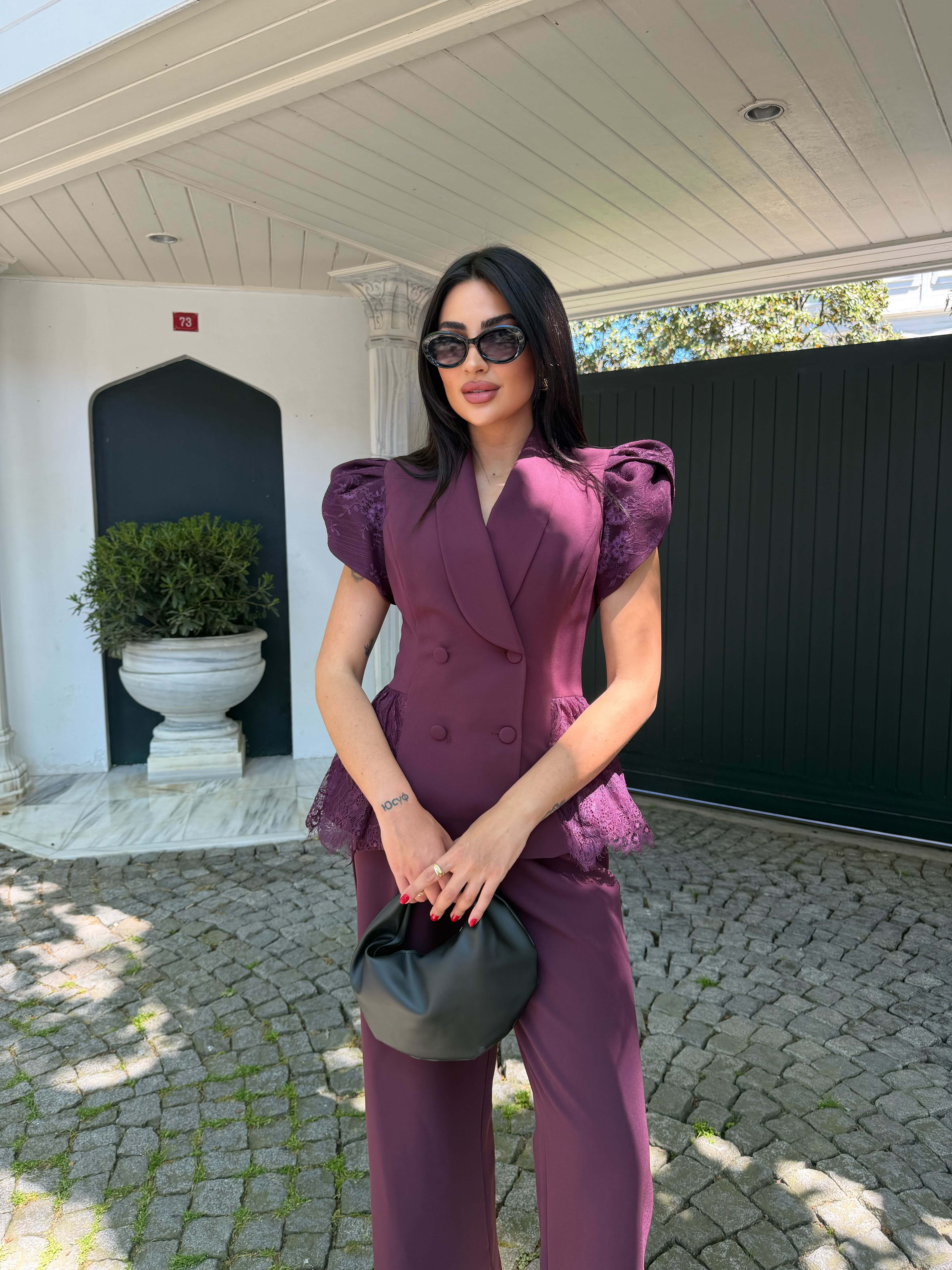 dantel detaylı ceket takım mürdüm   