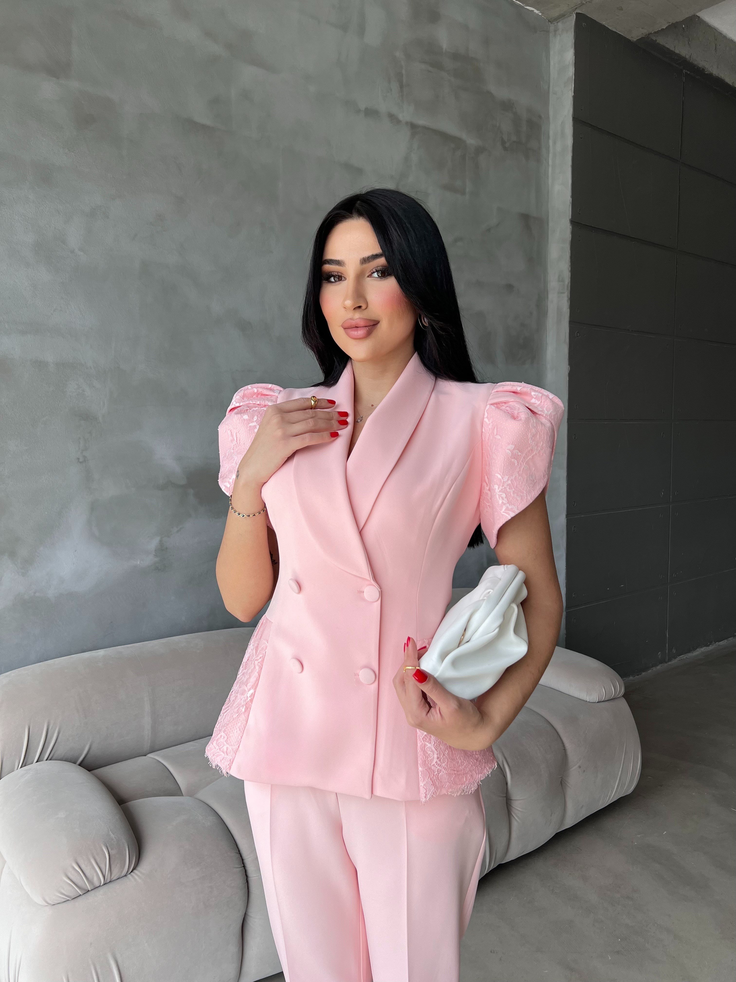dantel detaylı ceket takım pembe 