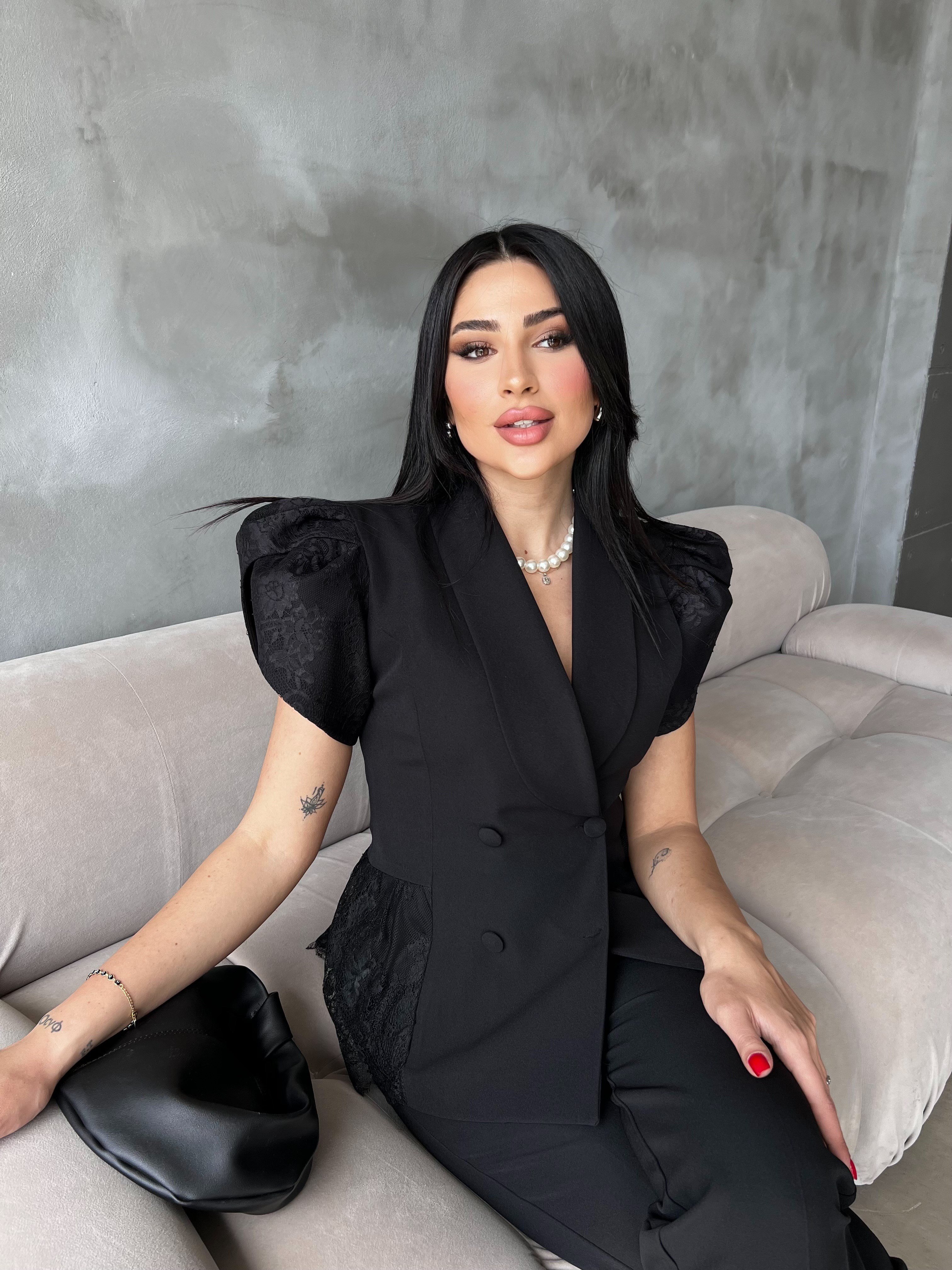 dantel detaylı ceket takım siyah  