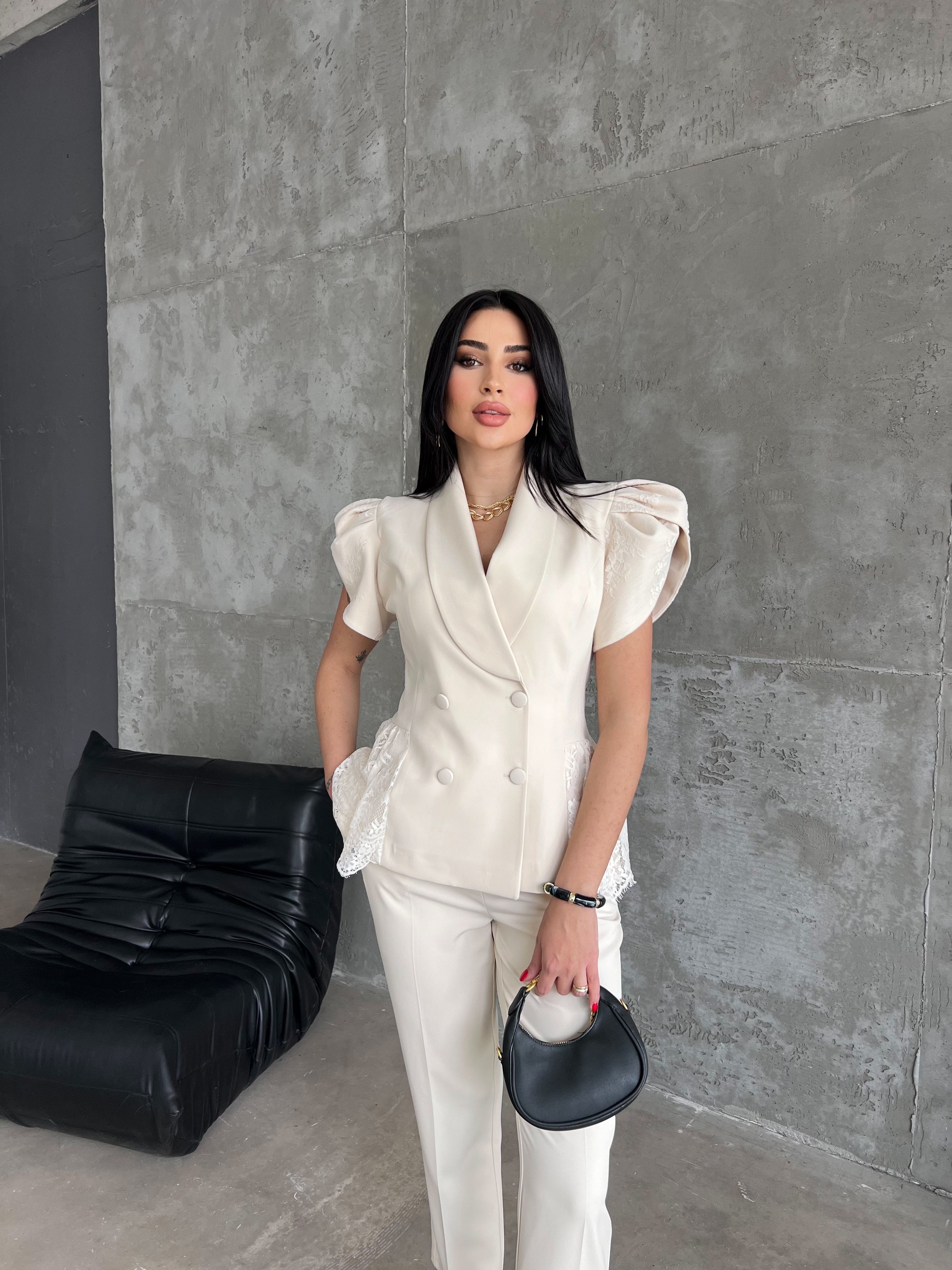 dantel detaylı ceket takım taş  