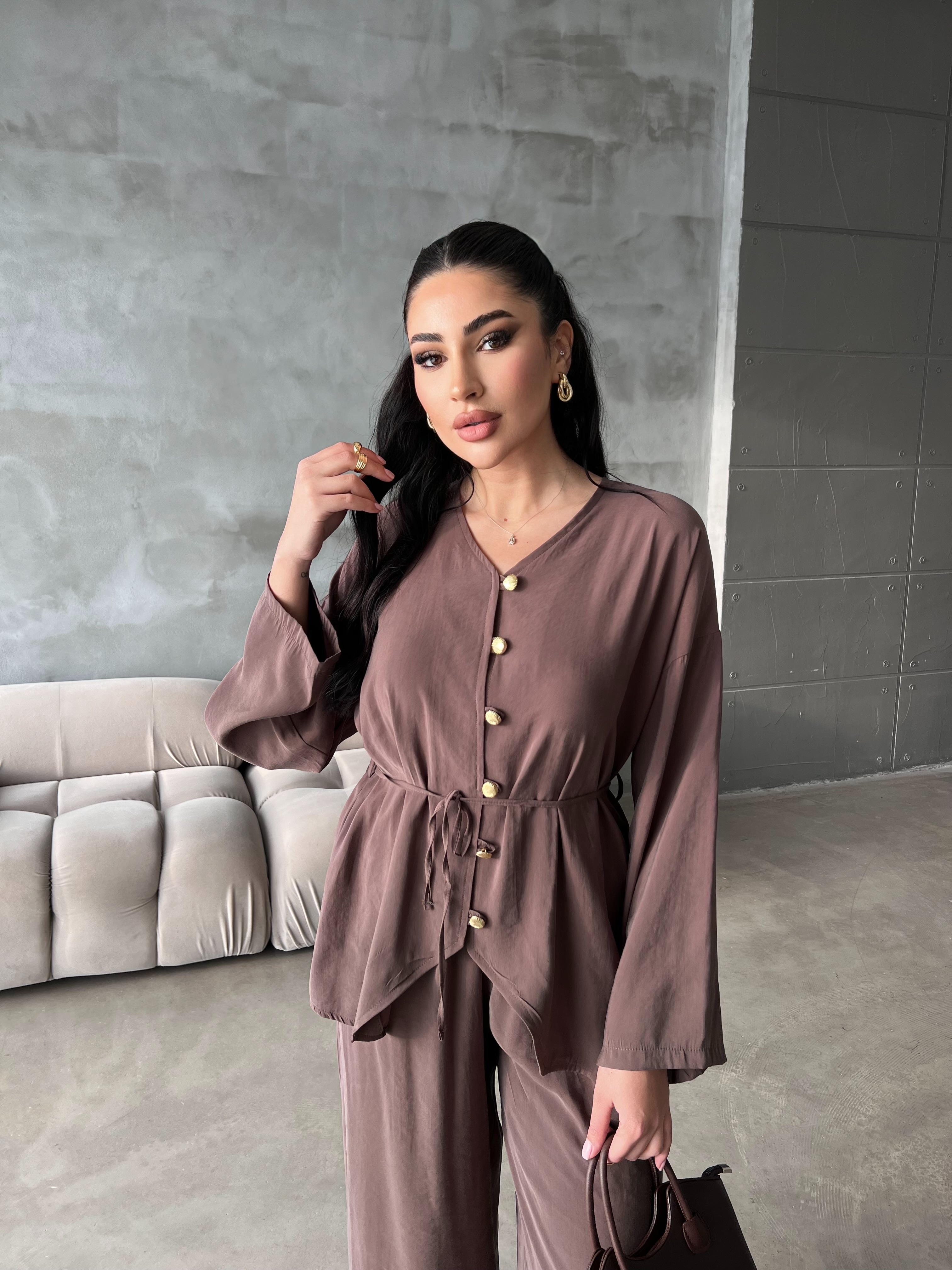 Deniz Kabuğu Düğmeli İkili Takım Kahve