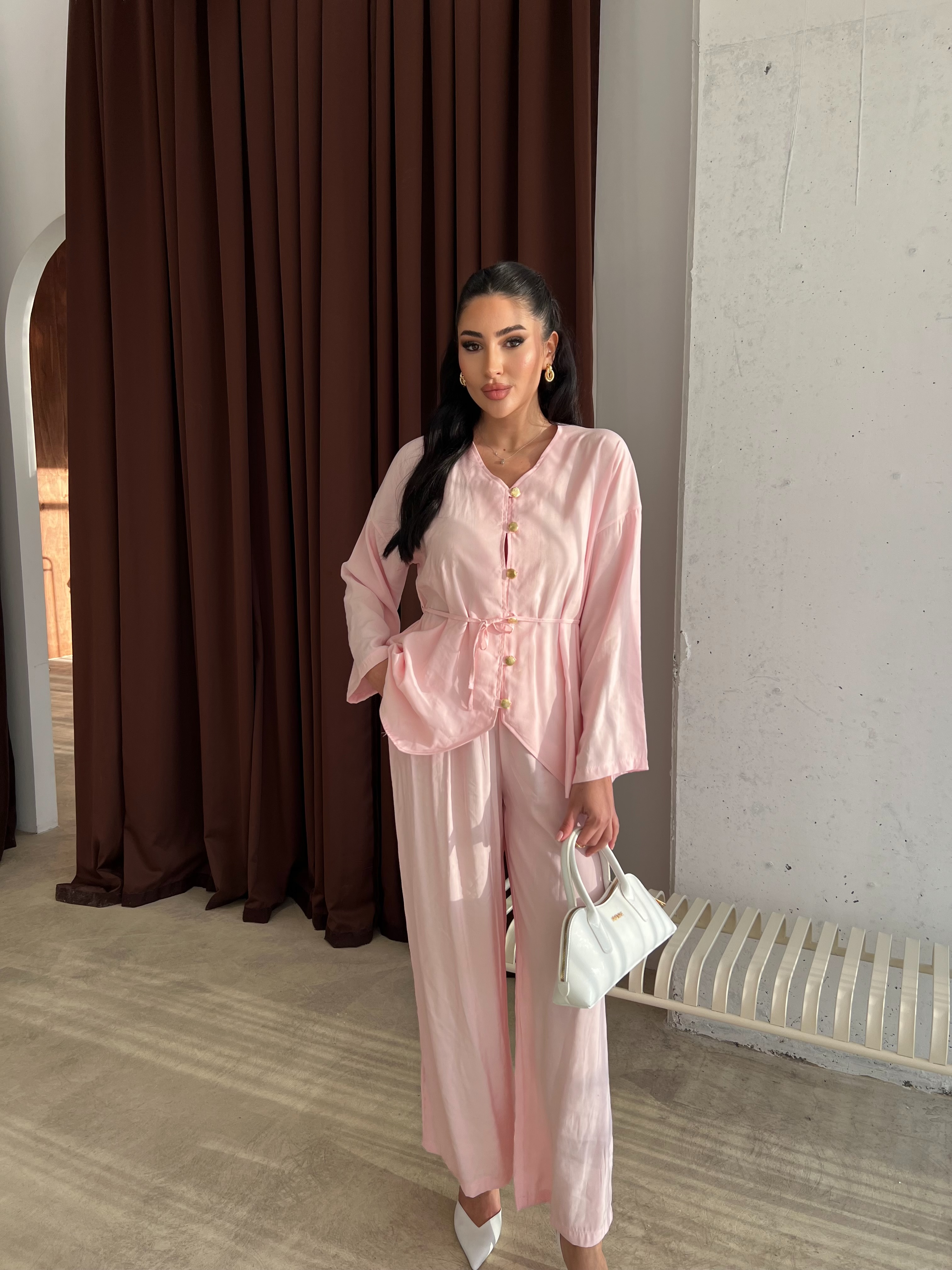Deniz Kabuğu Düğmeli İkili Takım Pembe