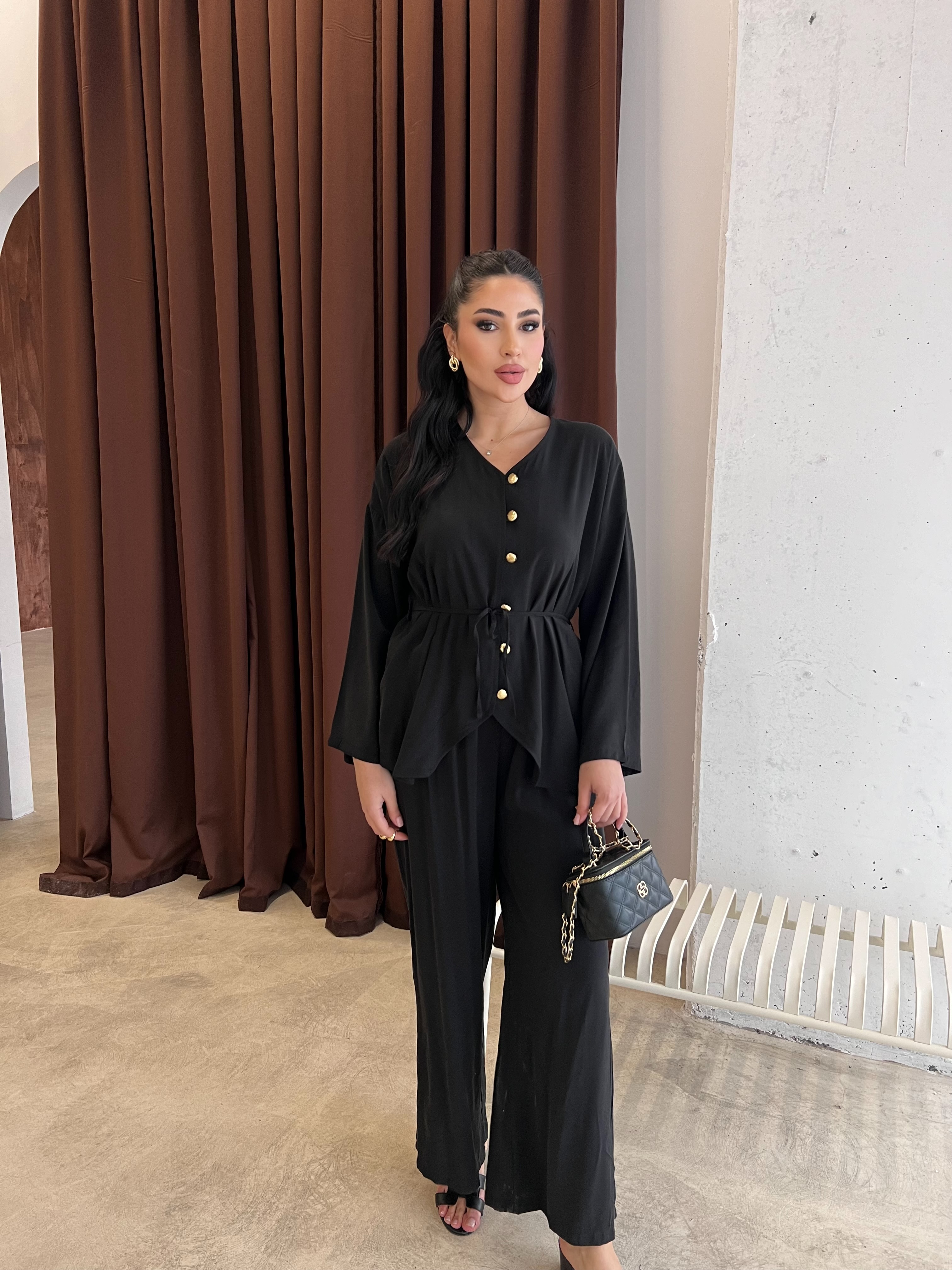 Deniz Kabuğu Düğmeli İkili Takım Siyah