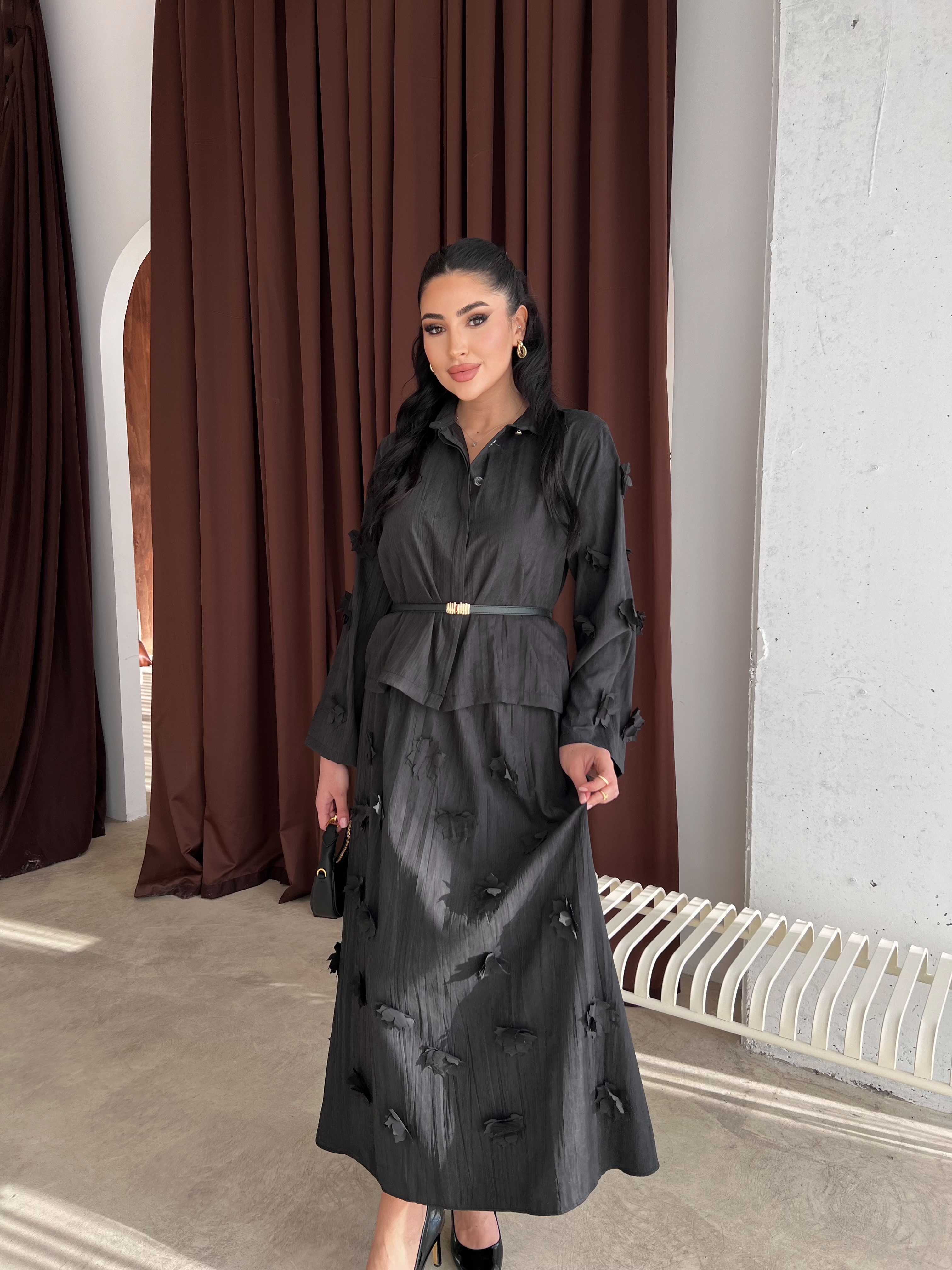 Flower Çiçekli Etekli Takım Siyah