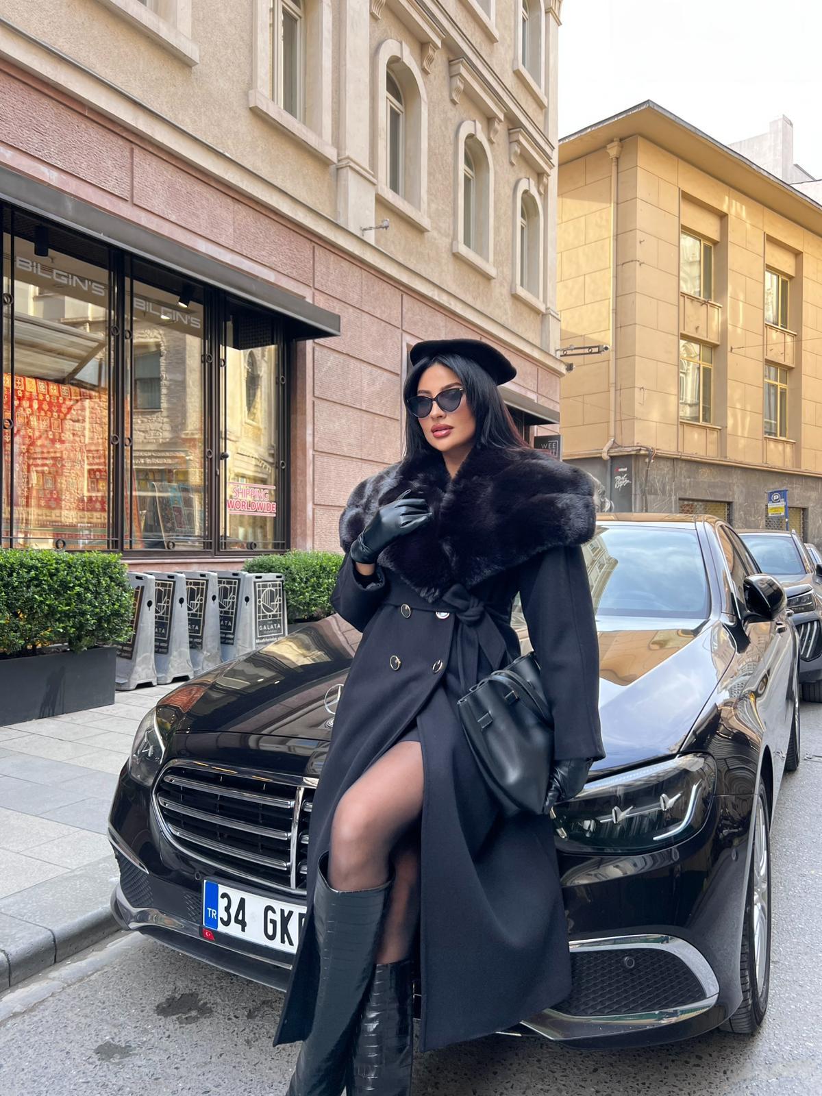 Geniş Yaka Premium Kaşe Kaban Siyah