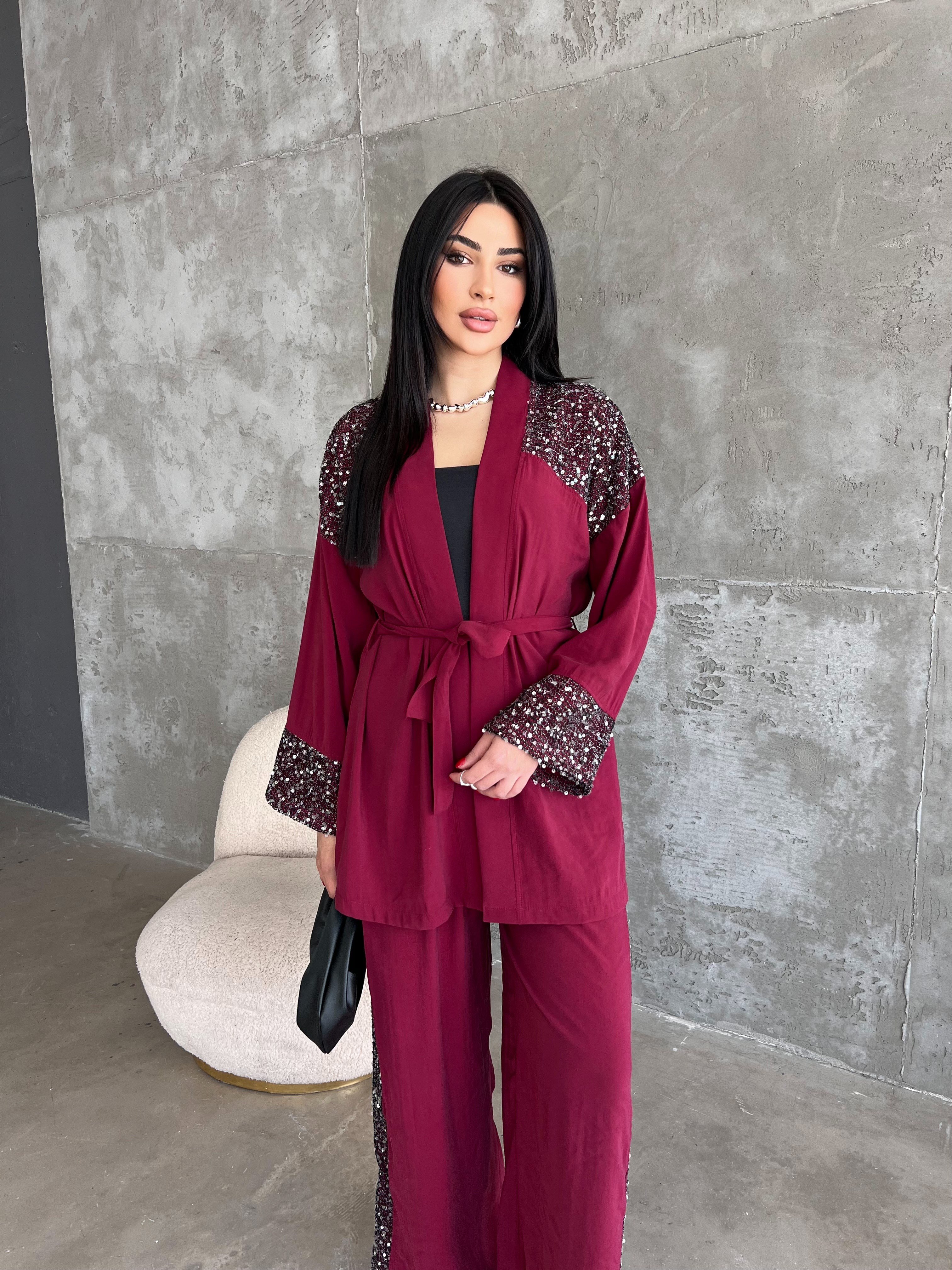 ikili kimono takım bordo 