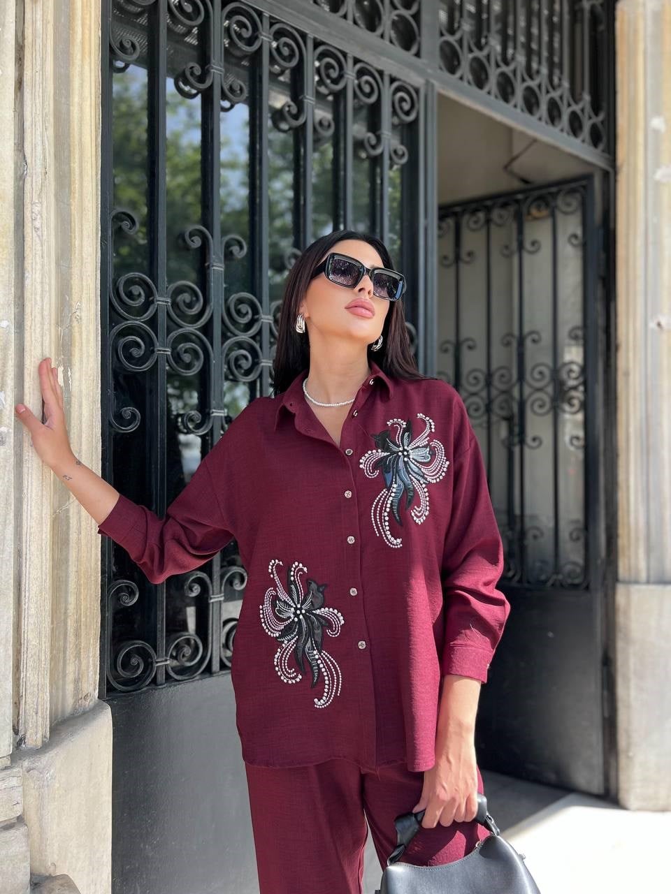 keten çiçekli takım bordo