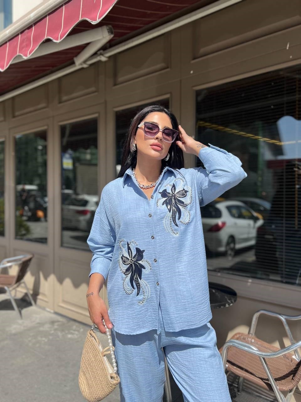 keten çiçekli takım mavi 