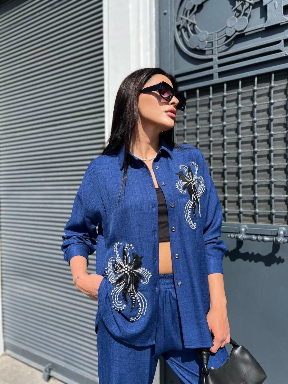 keten çiçekli takım mavi