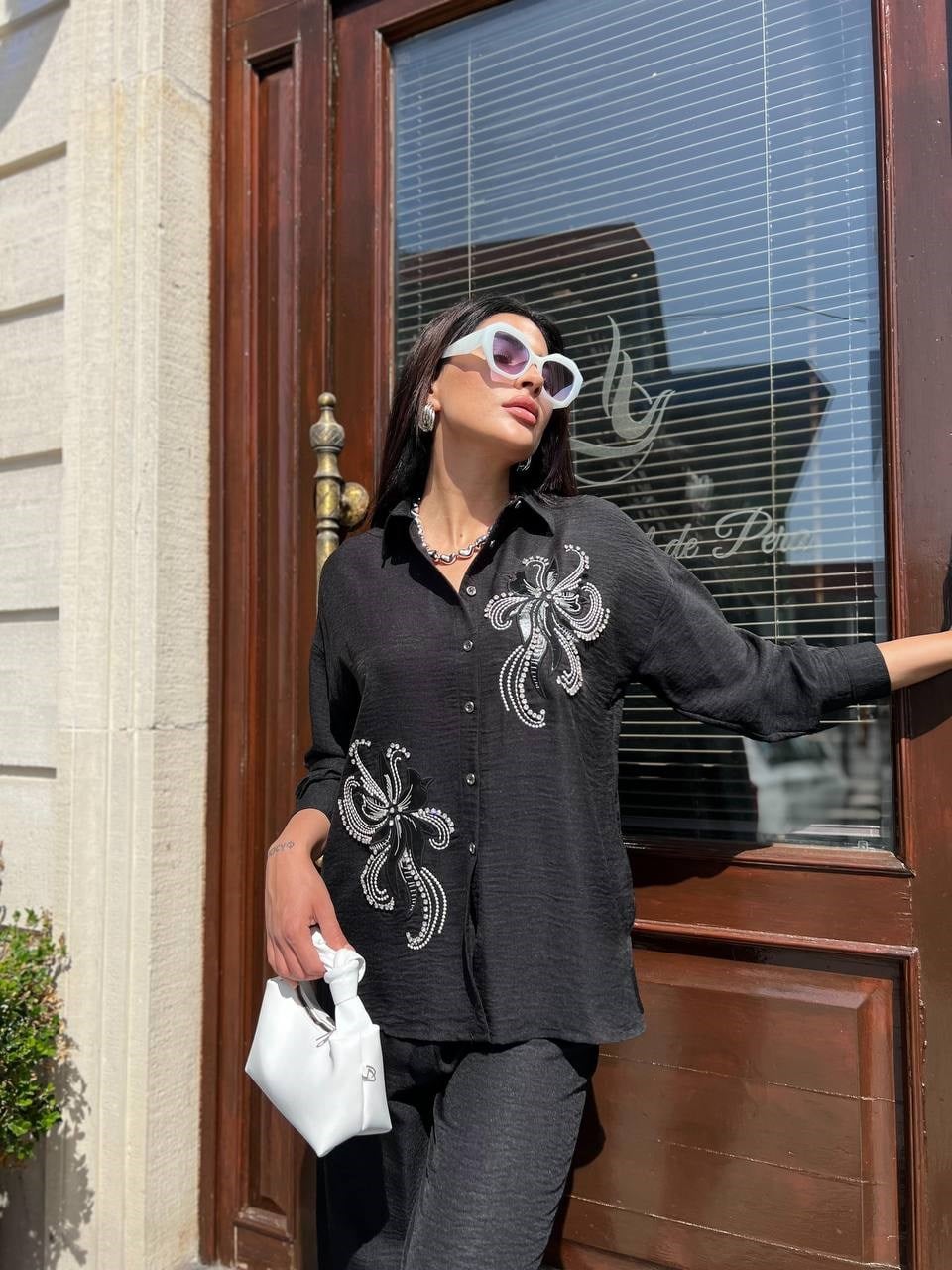 keten çiçekli takım siyah