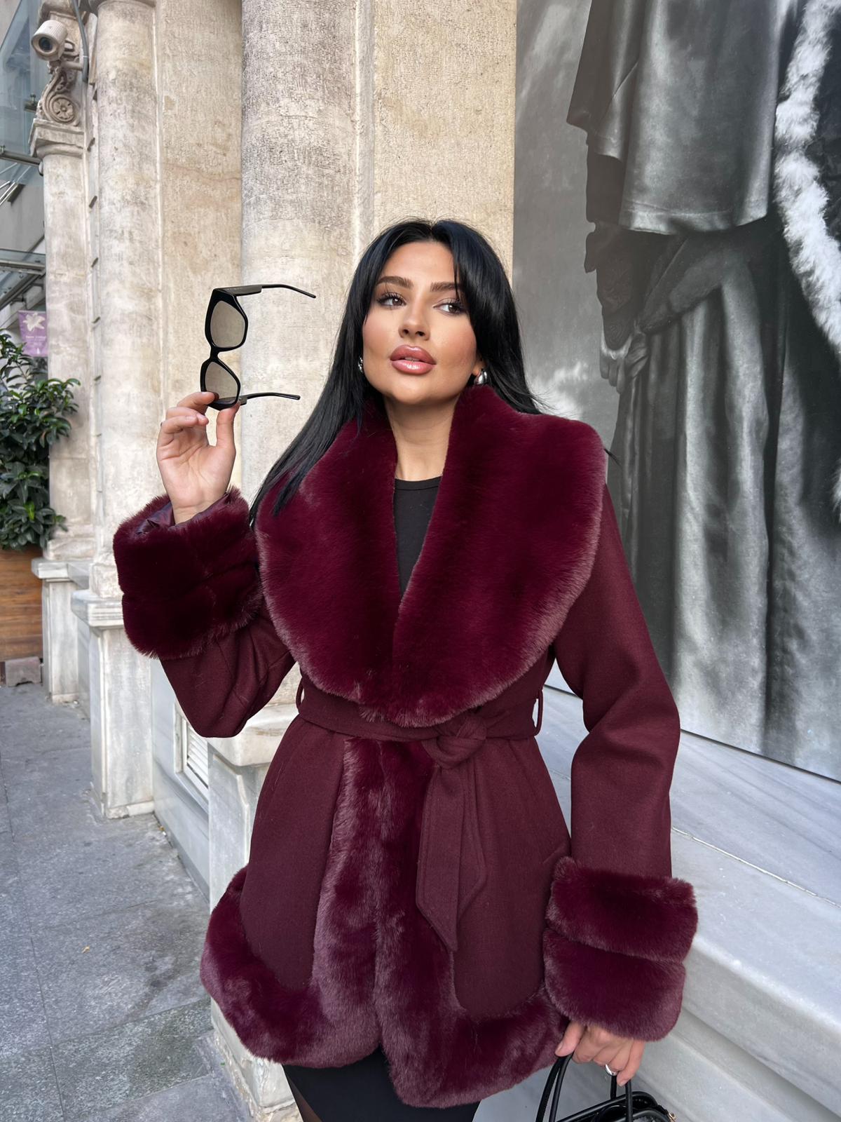 Kürklü Kısa Kaşe Kaban Bordo