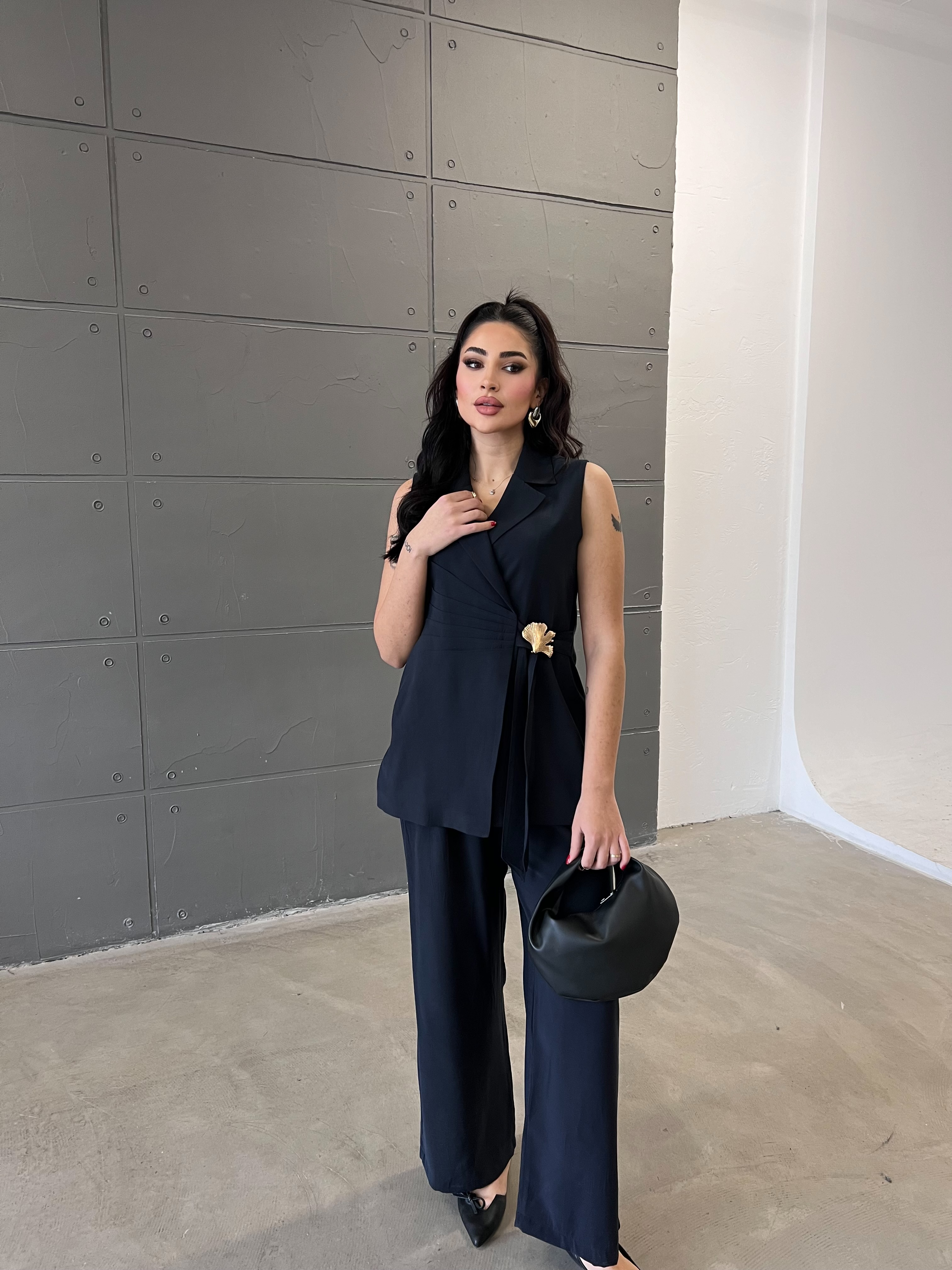 Lena Bel Pileli Yelek Takım Lacivert