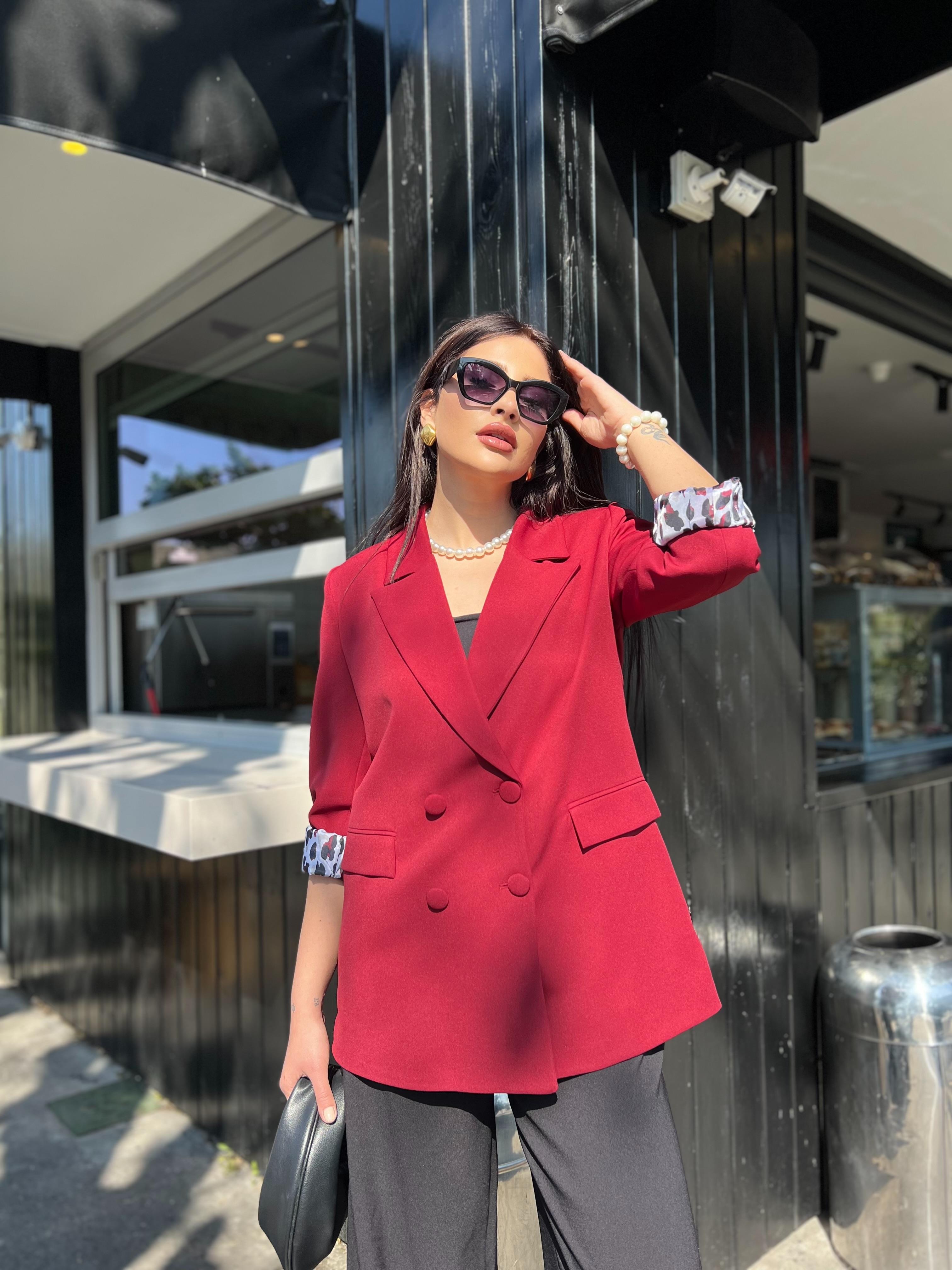 Leopar Detaylı Tasarım Blazer Ceket Bordo