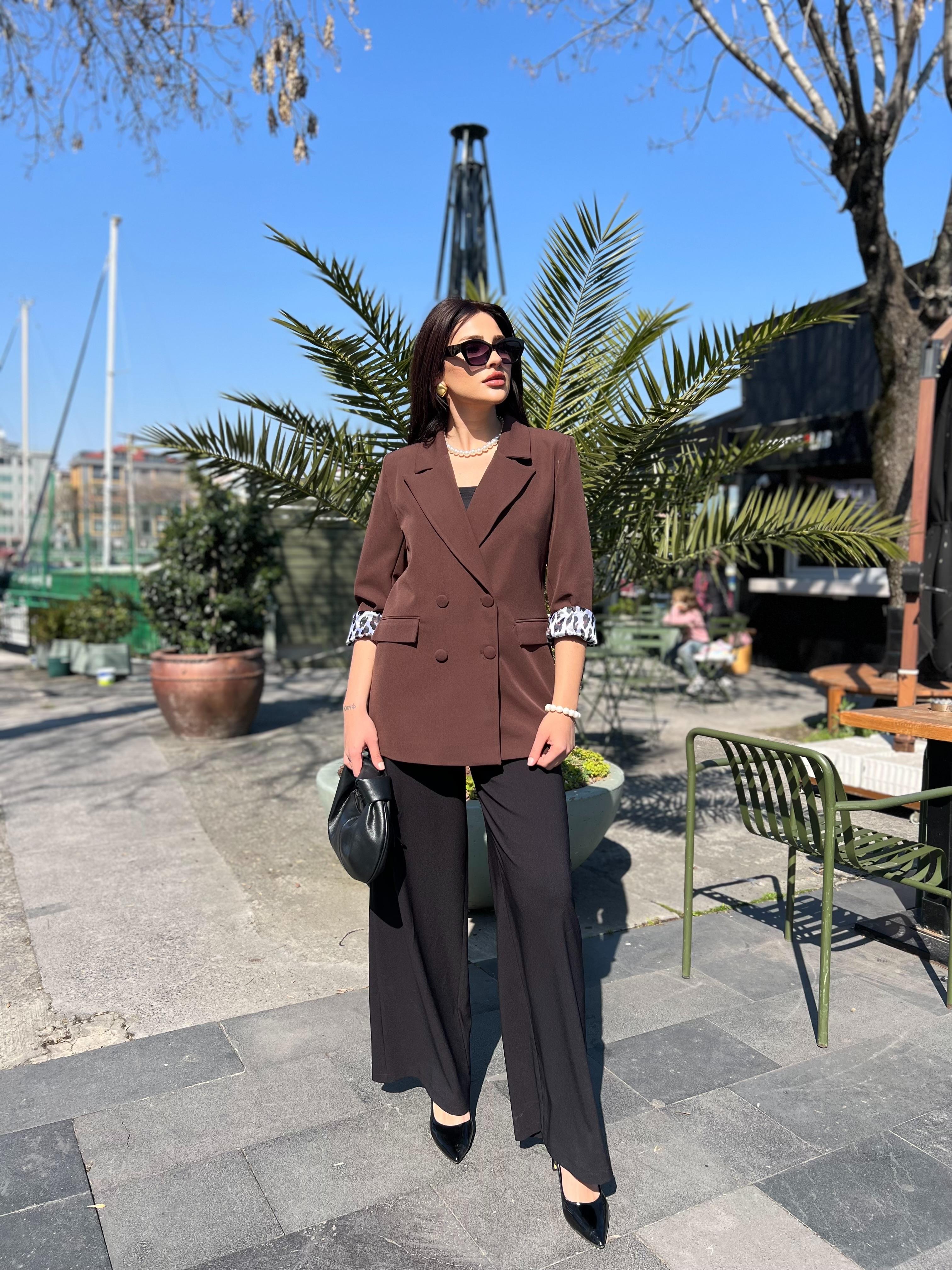 Leopar Detaylı Tasarım Blazer Ceket Kahve