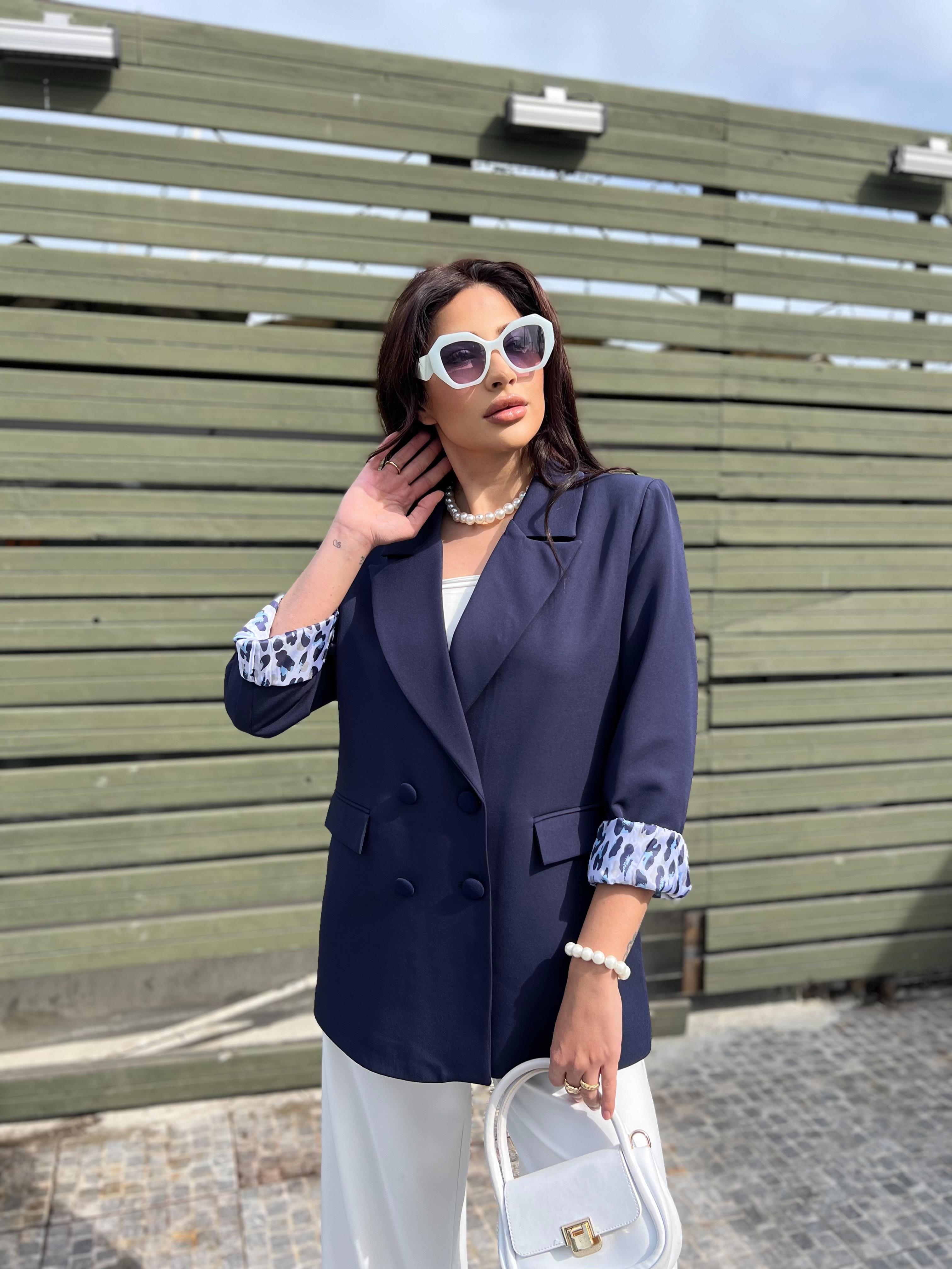Leopar Detaylı Tasarım Blazer Ceket Lacivert