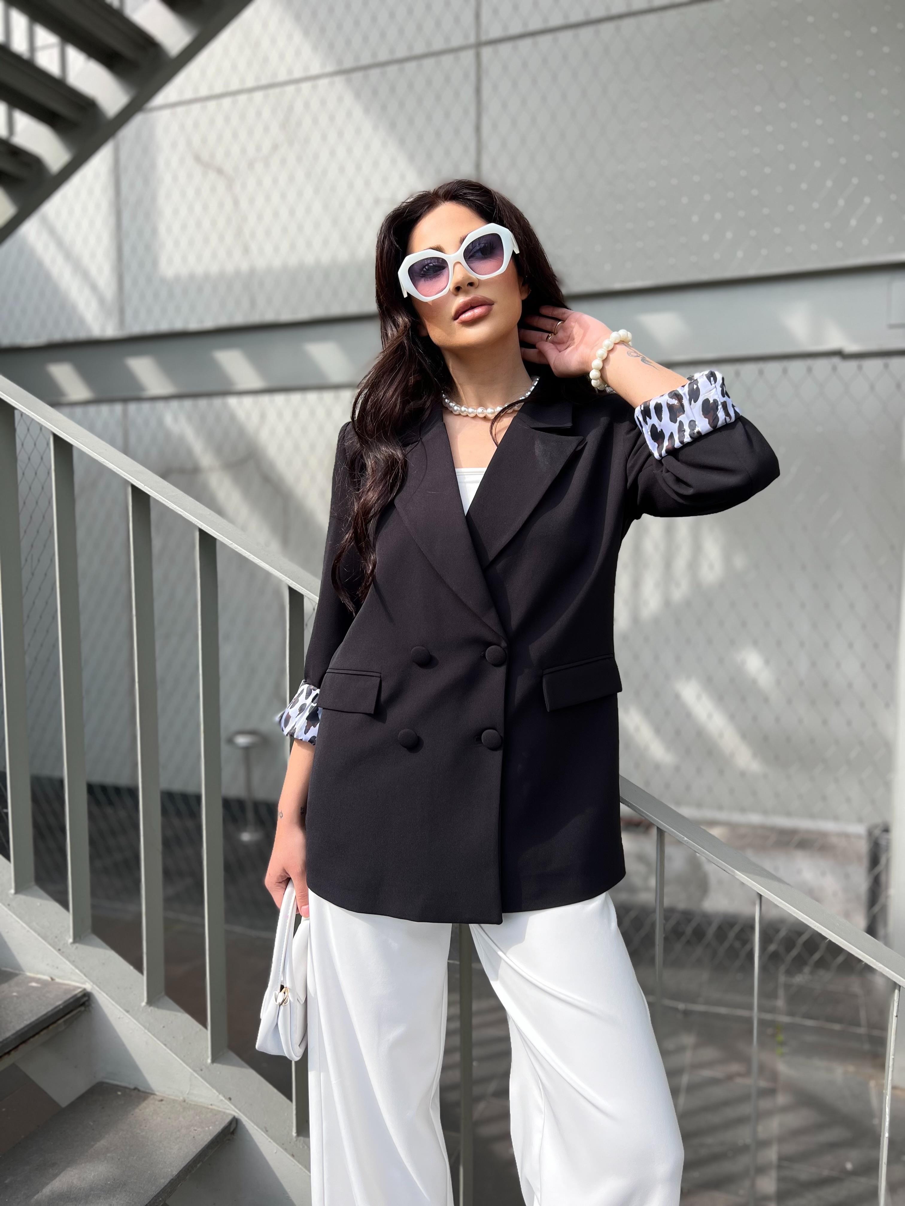 Leopar Detaylı Tasarım Blazer Ceket Siyah