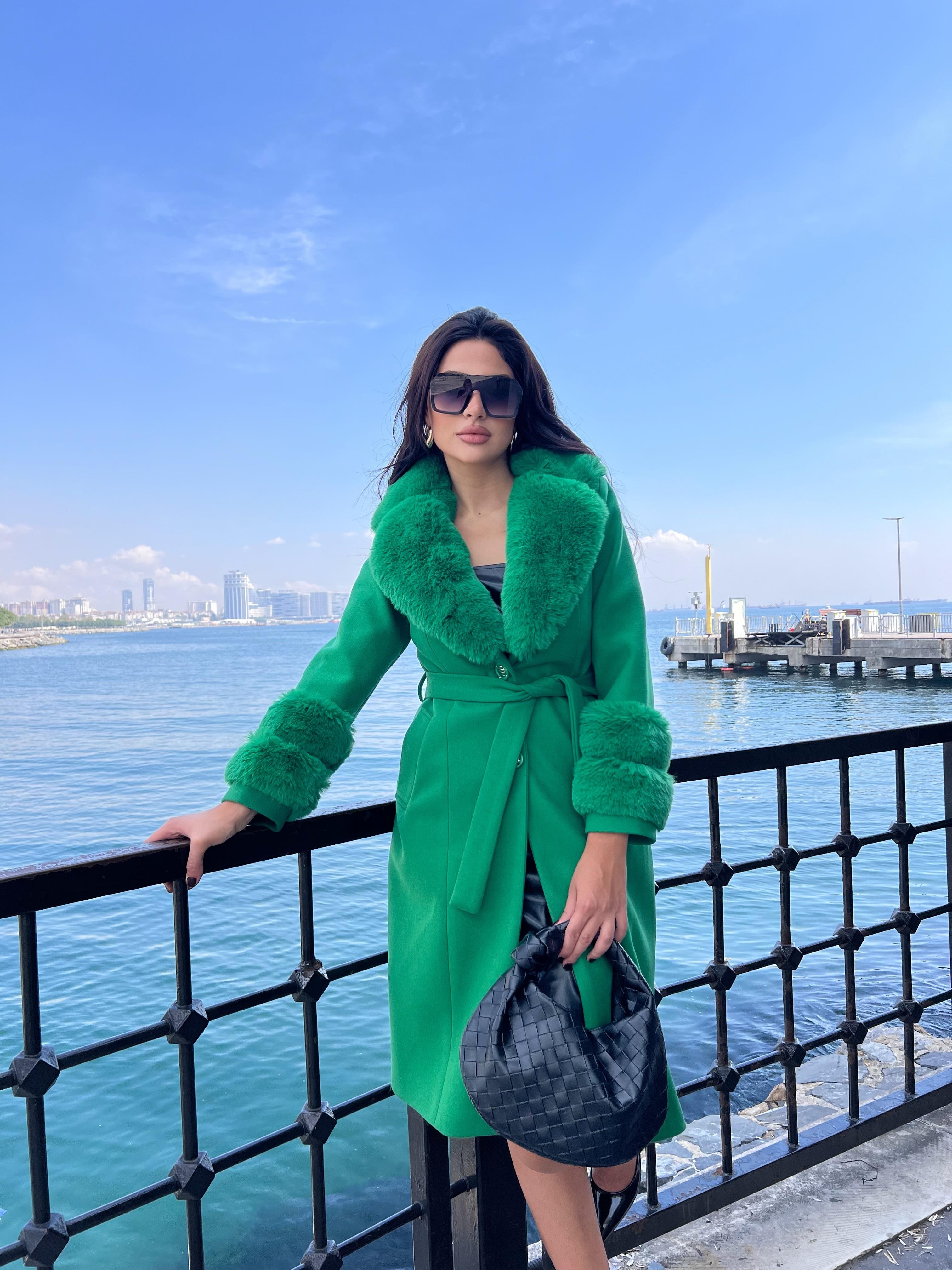 Lisa Kürklü Kaşe Kaban Yeşil