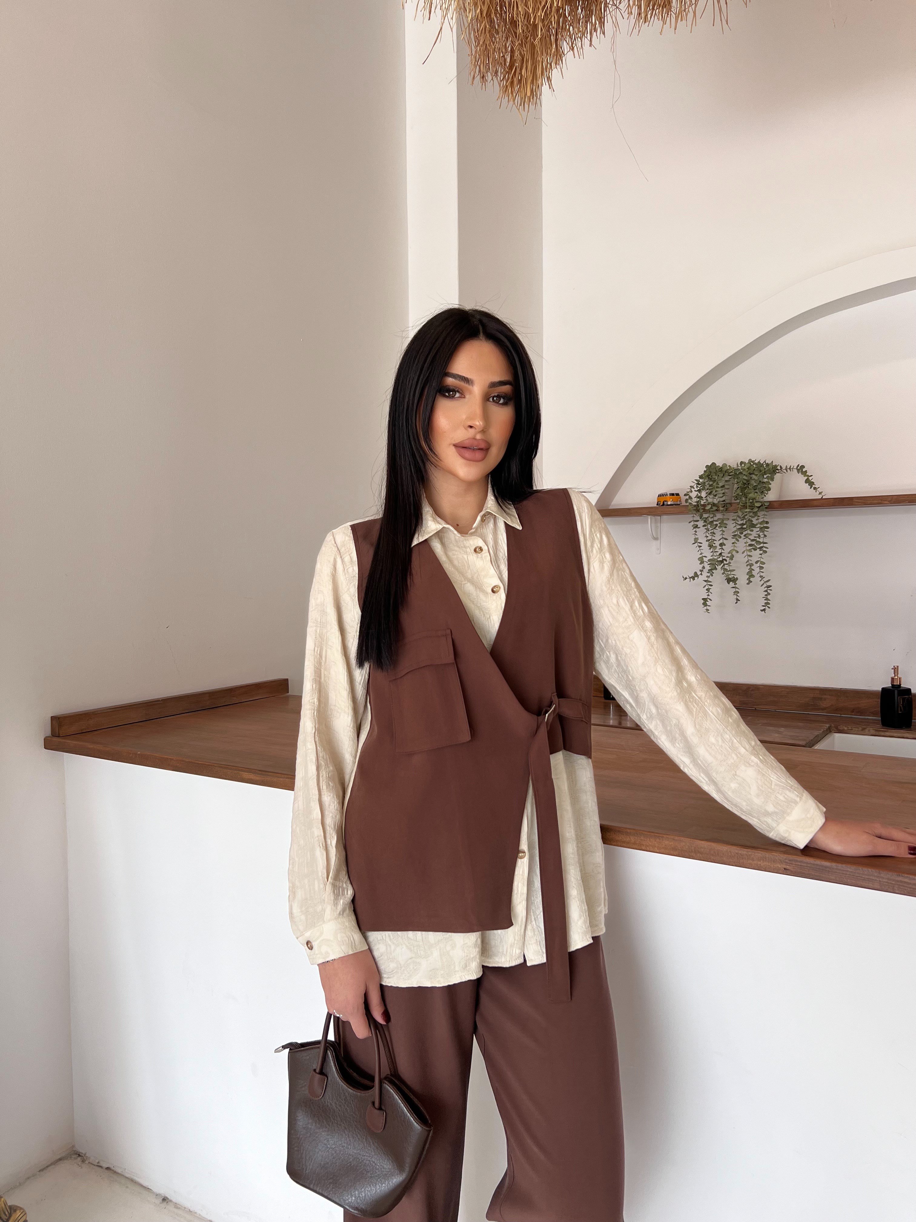 lora yelekli ikili takım kahve