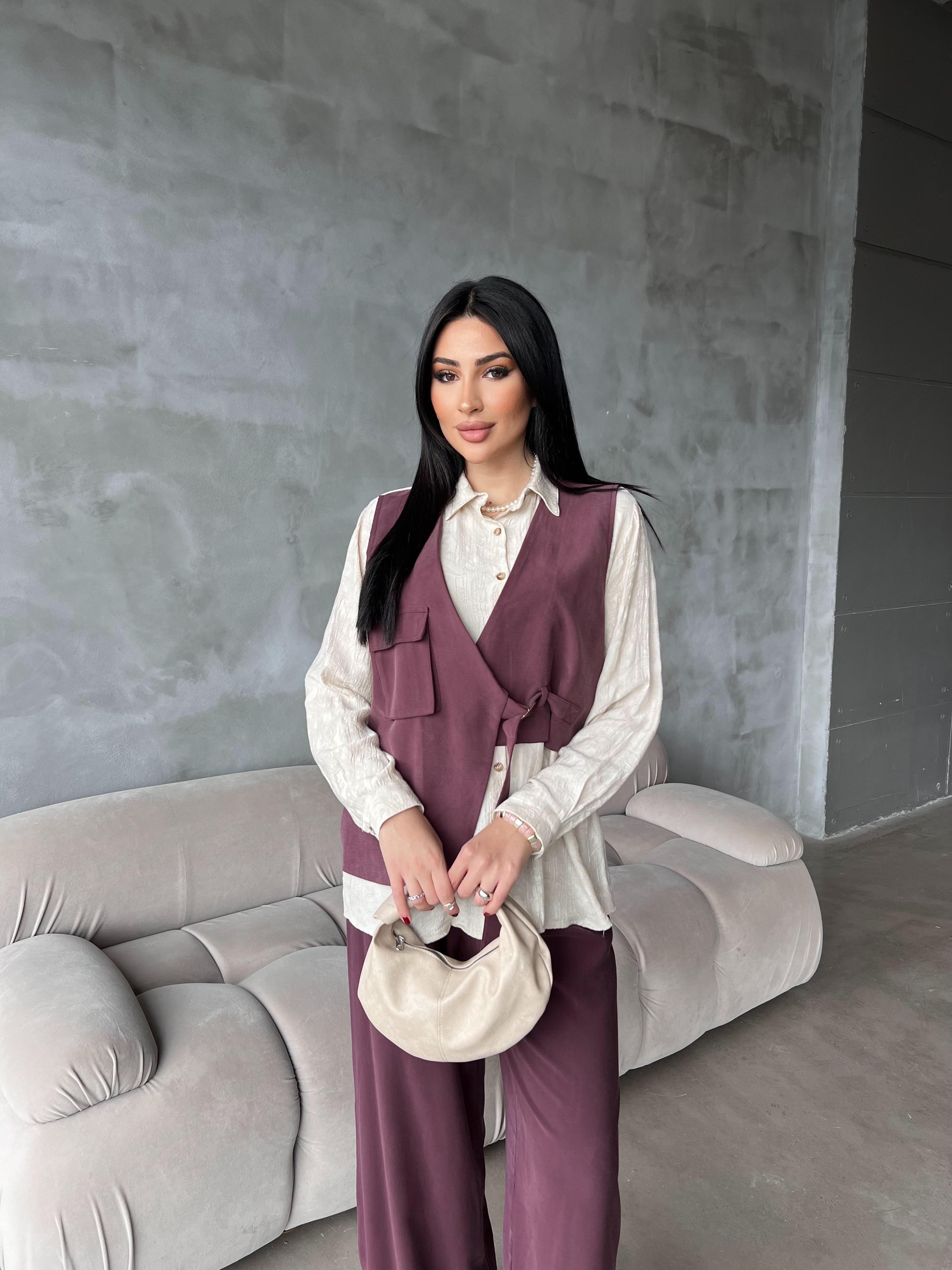 lora yelekli ikili takım mürdüm 