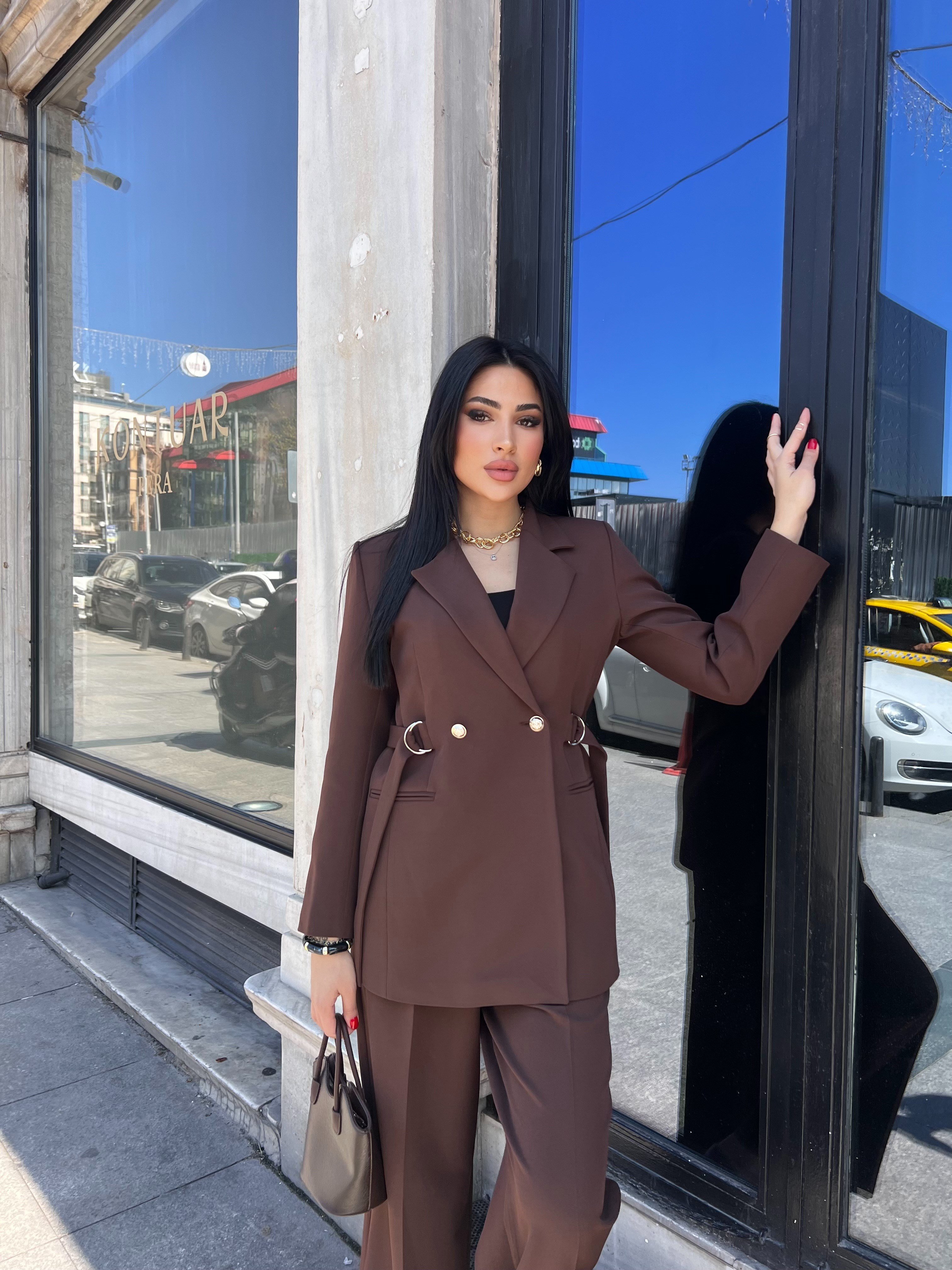 noir bel detaylı ceket takım kahve