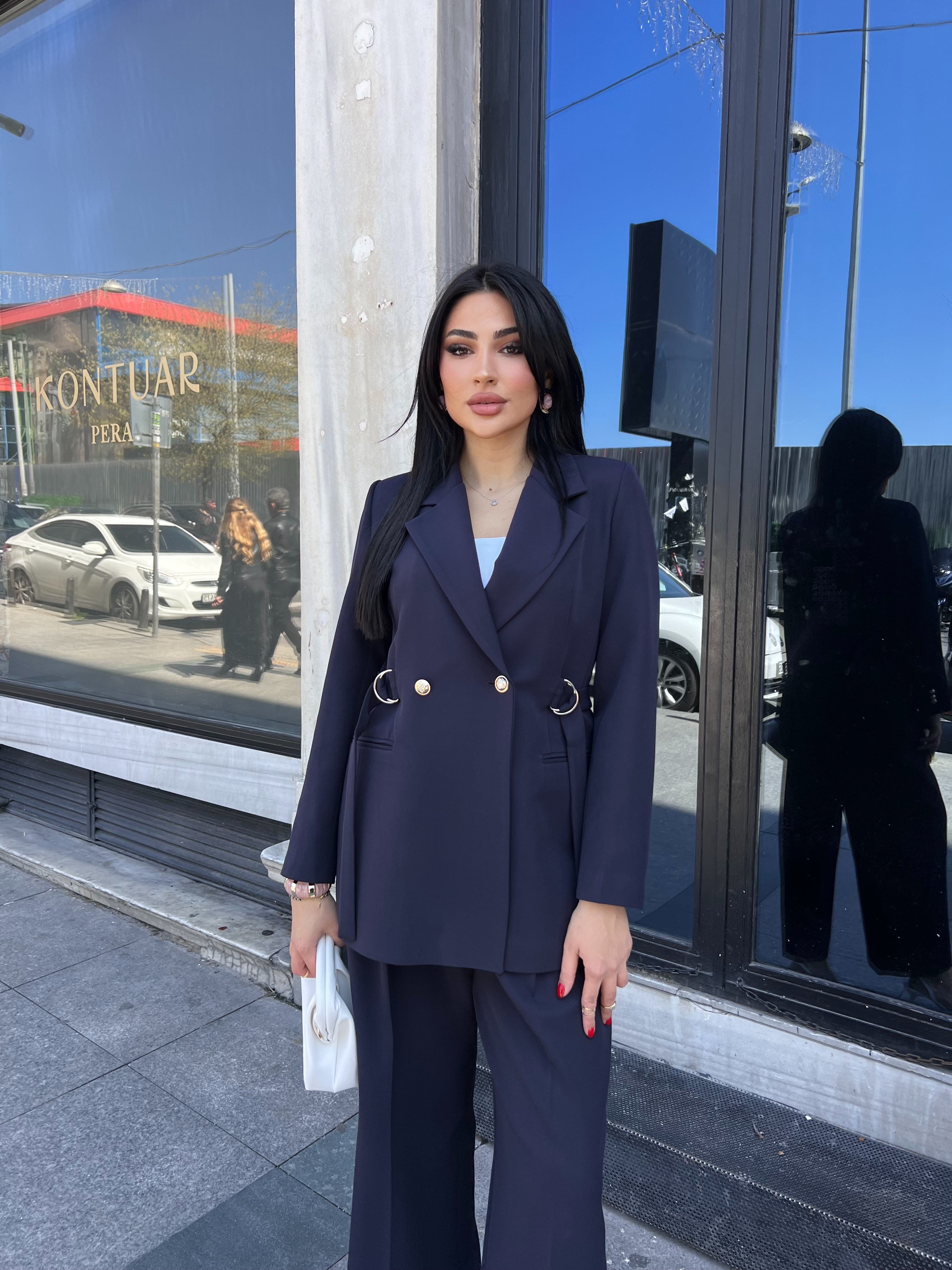 noir bel detaylı ceket takım lacivert