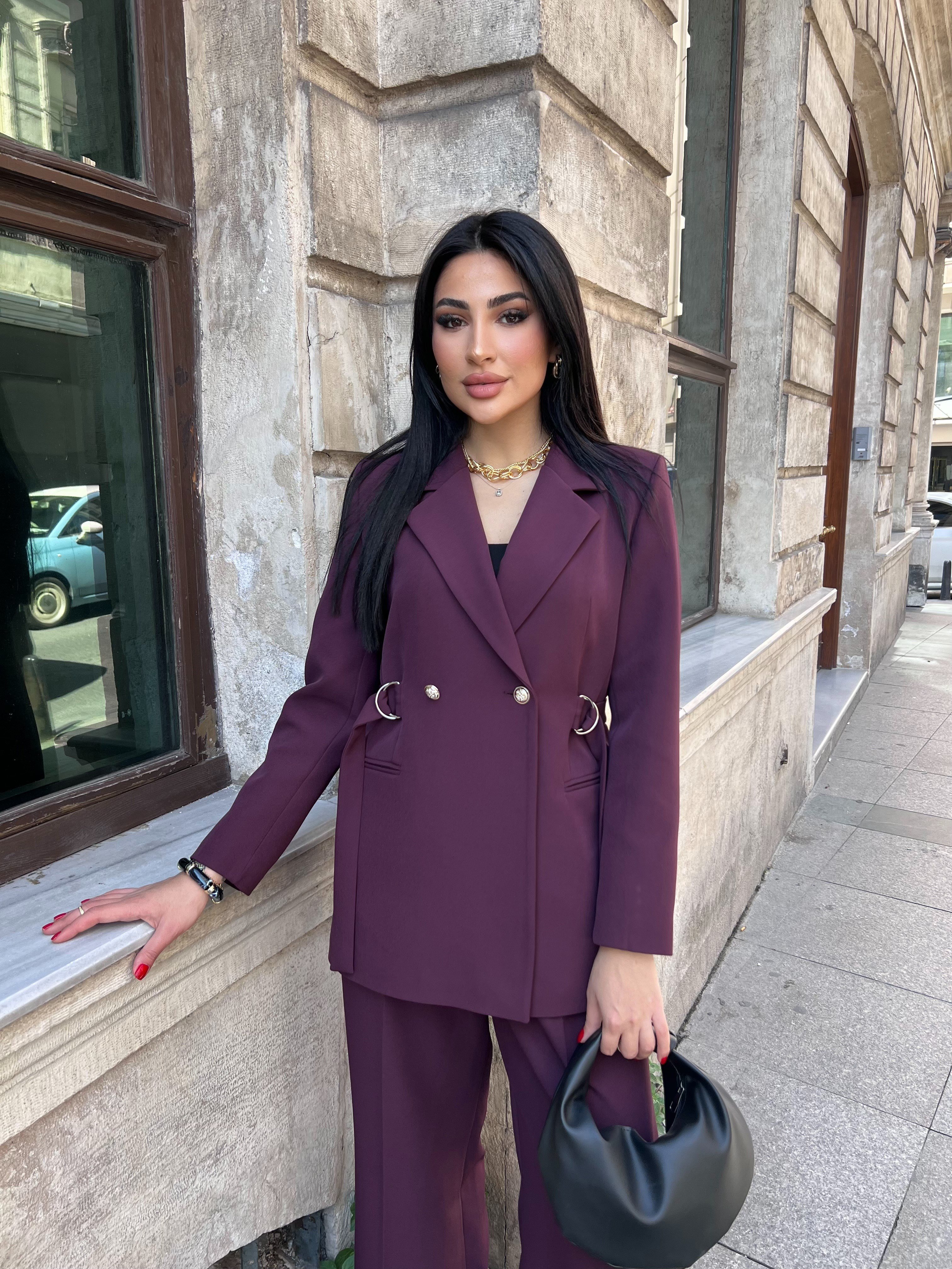 noir bel detaylı ceket takım mürdüm 