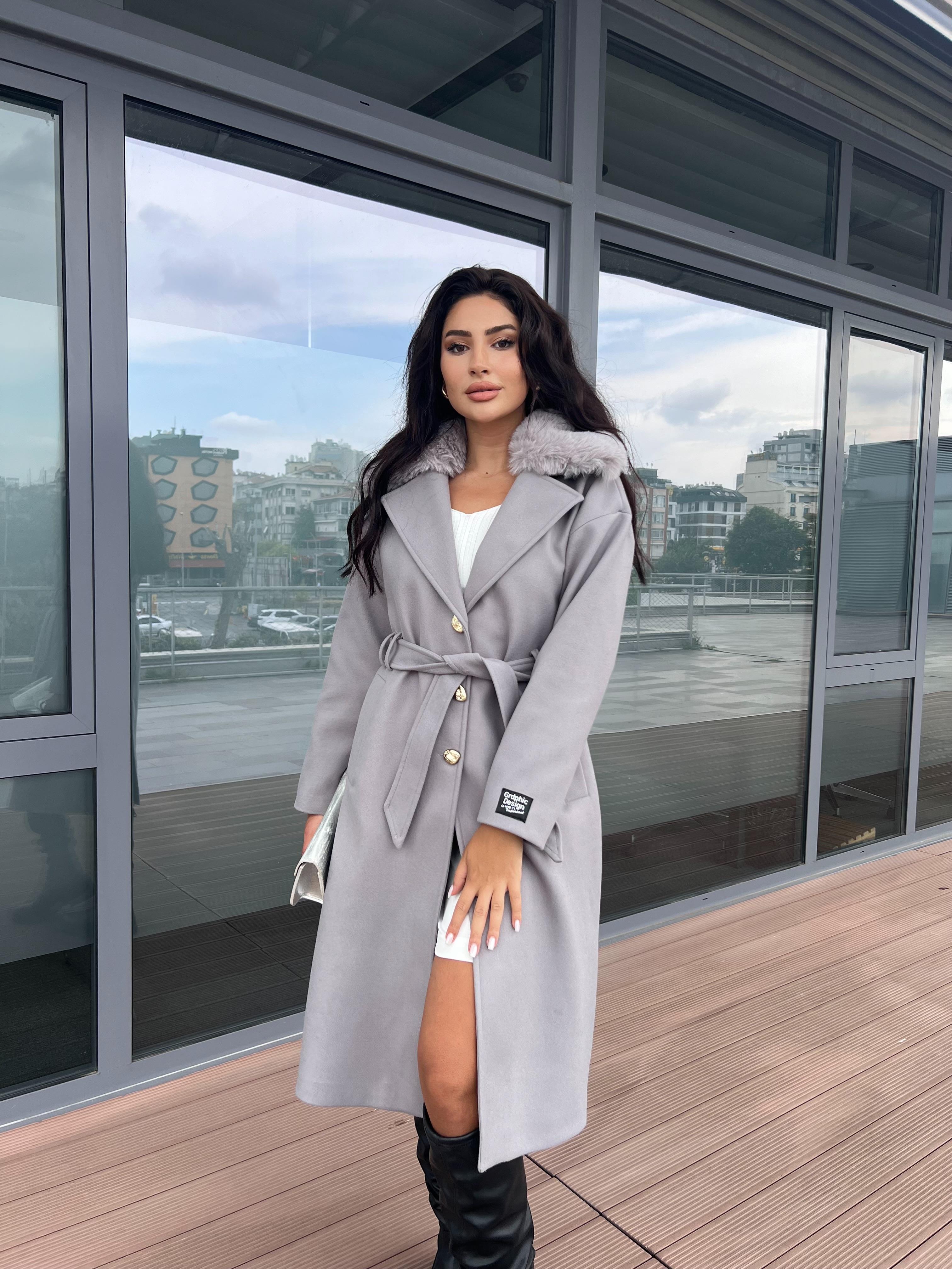 Pearl Çıkarılabilir Kürklü Kaşe Kaban Gri