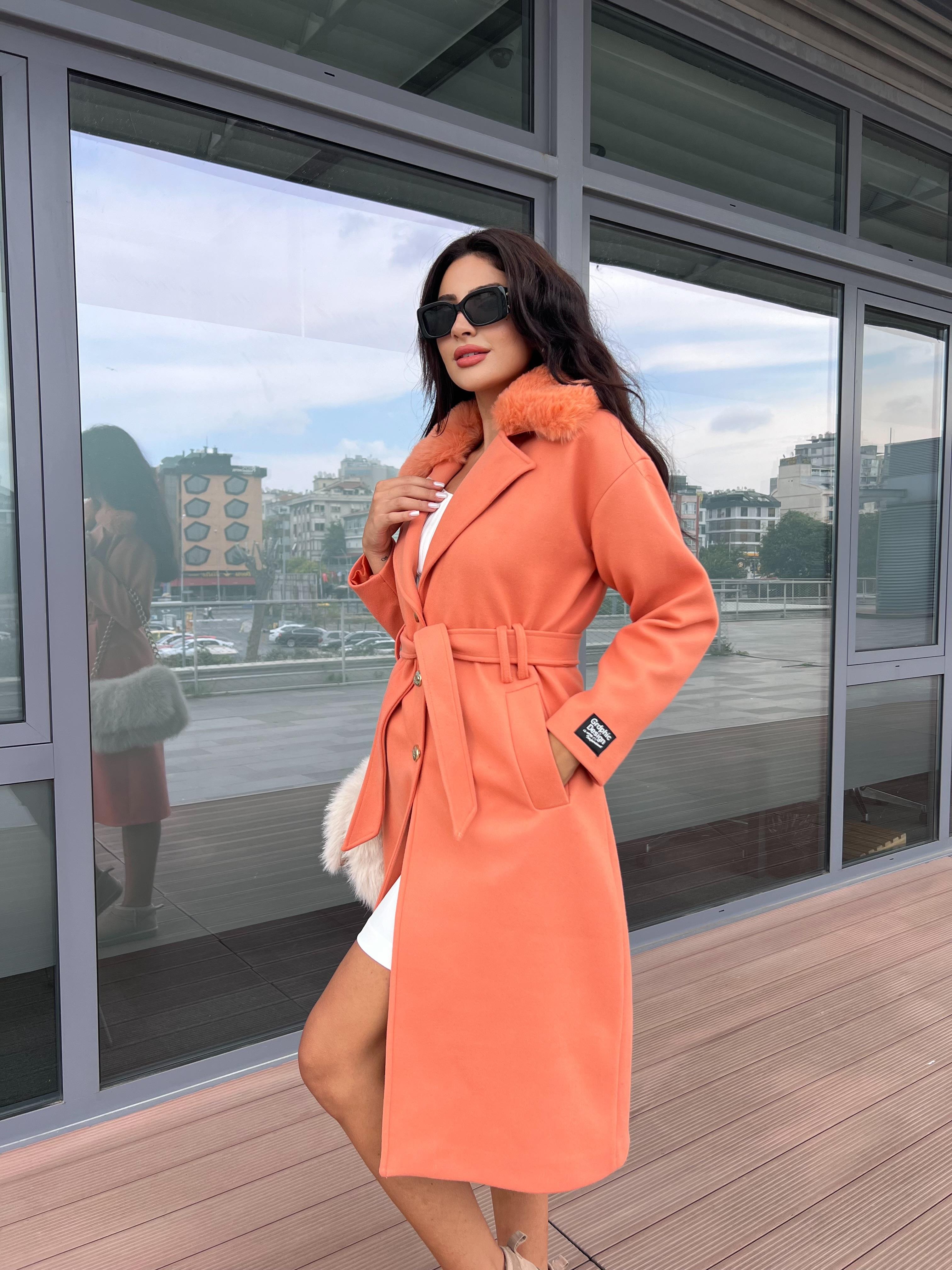 Pearl Çıkarılabilir Kürklü Kaşe Kaban Somon