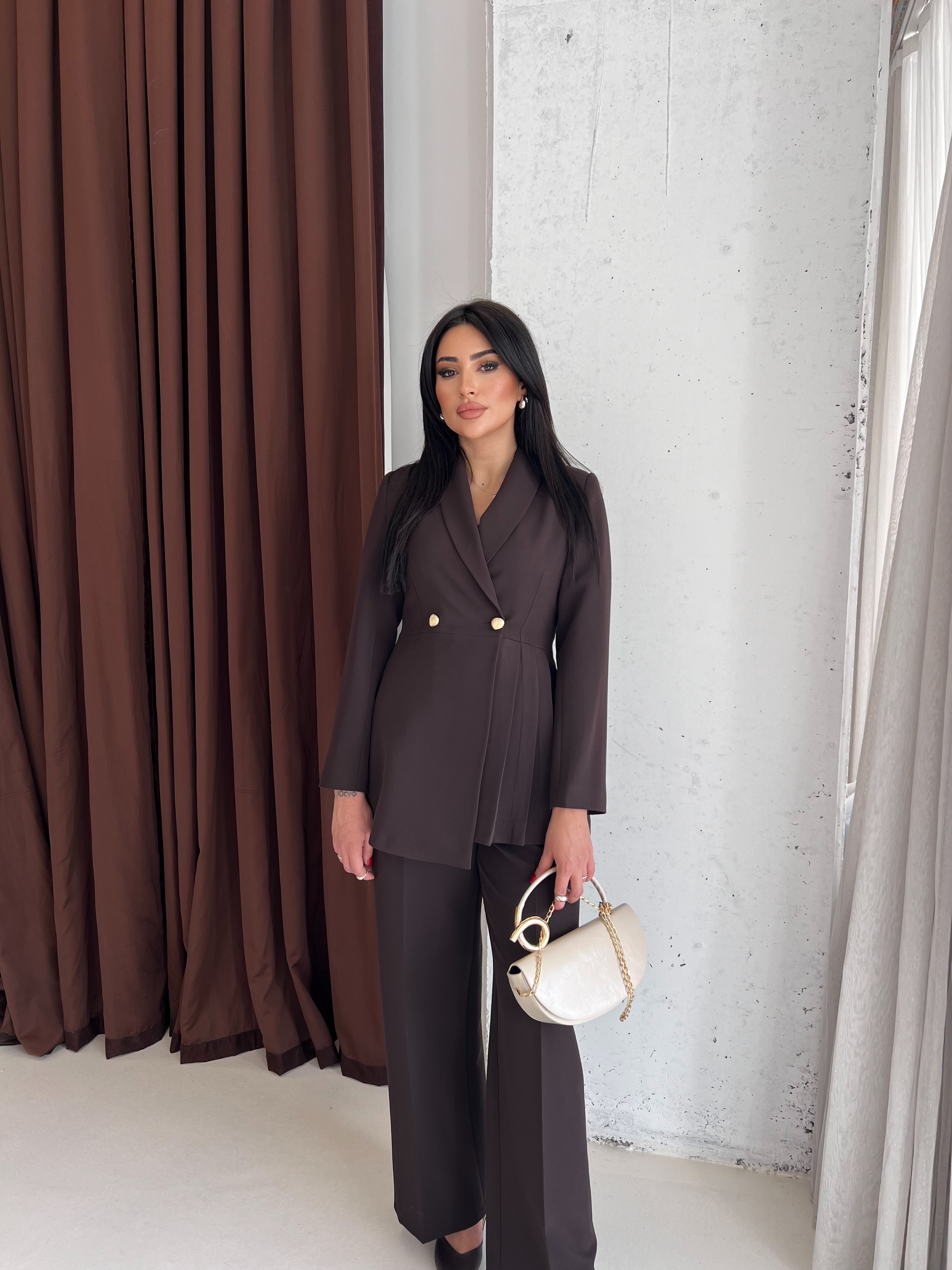 Pileli Ceket Takım Kahve