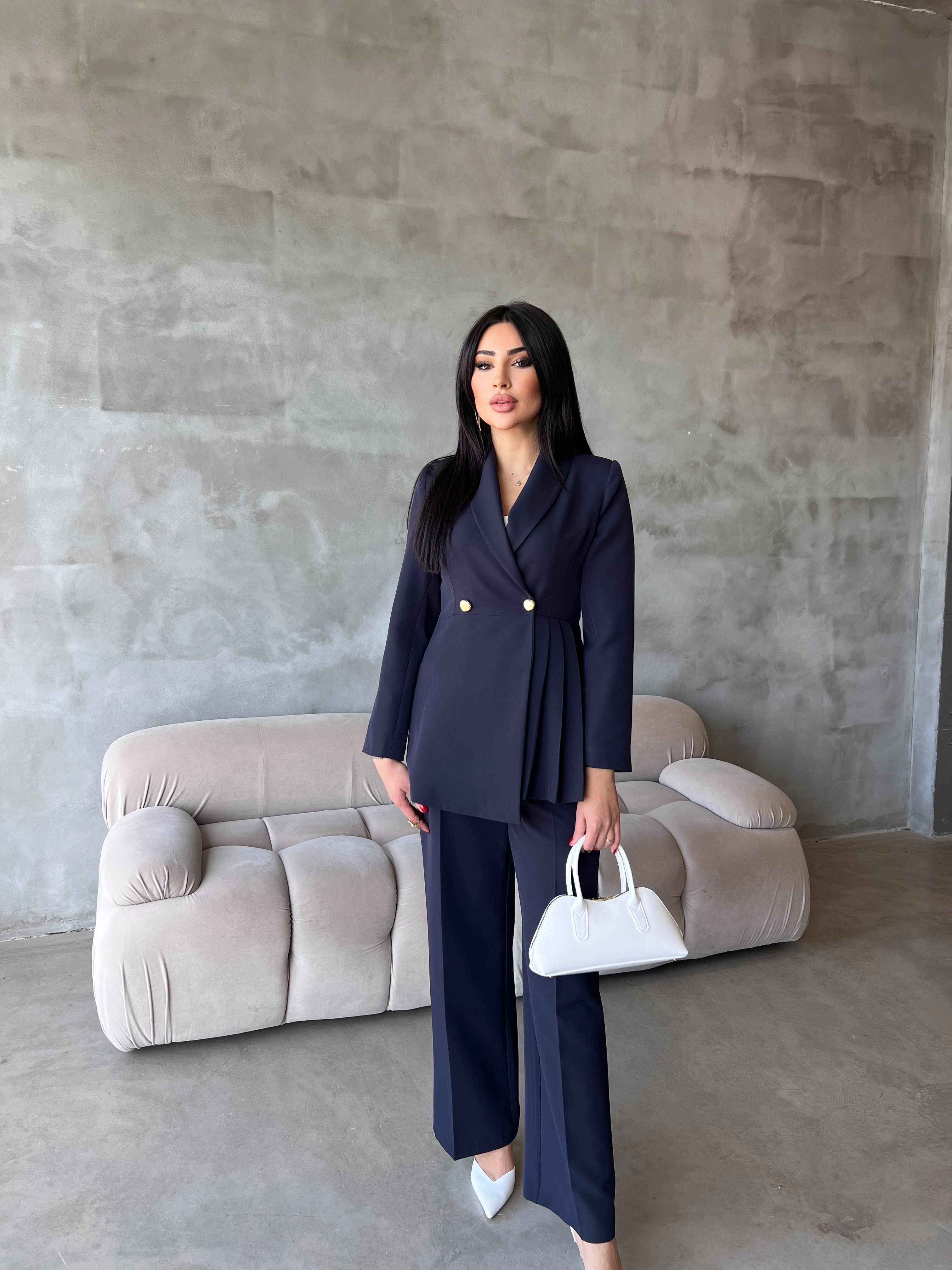 Pileli Ceket Takım Lacivert