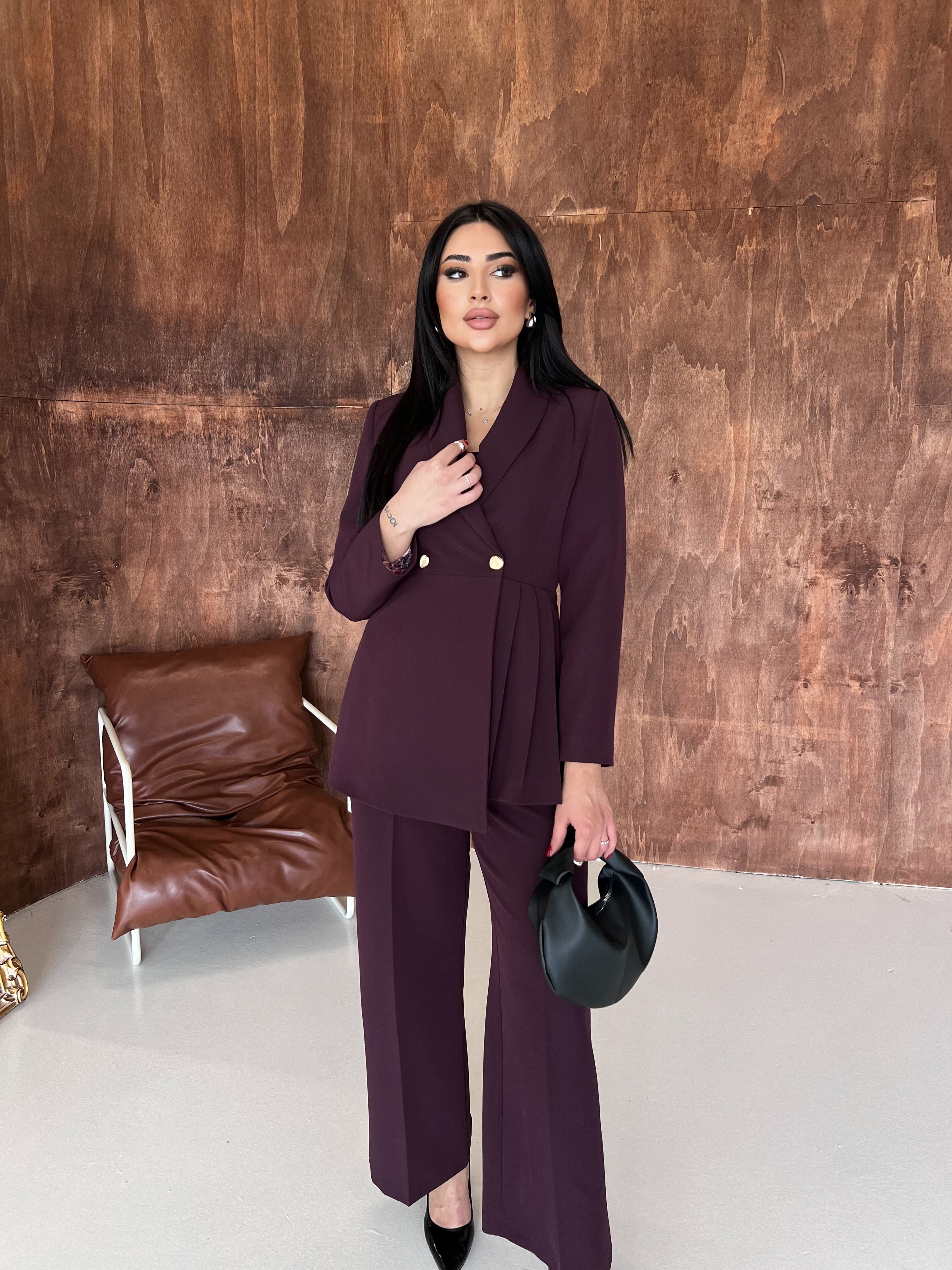 Pileli Ceket Takım Mürdüm