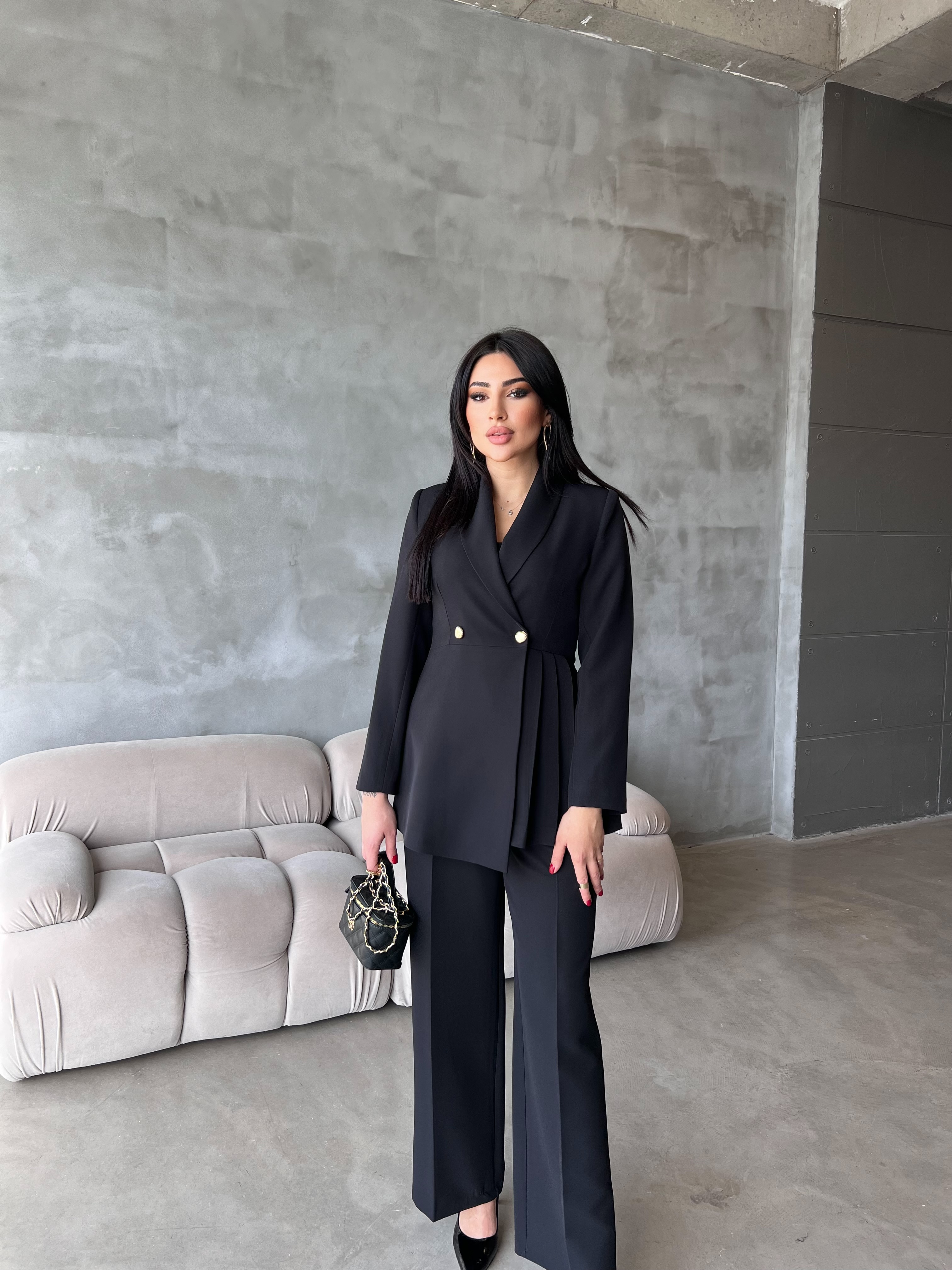 Pileli Ceket Takım Siyah