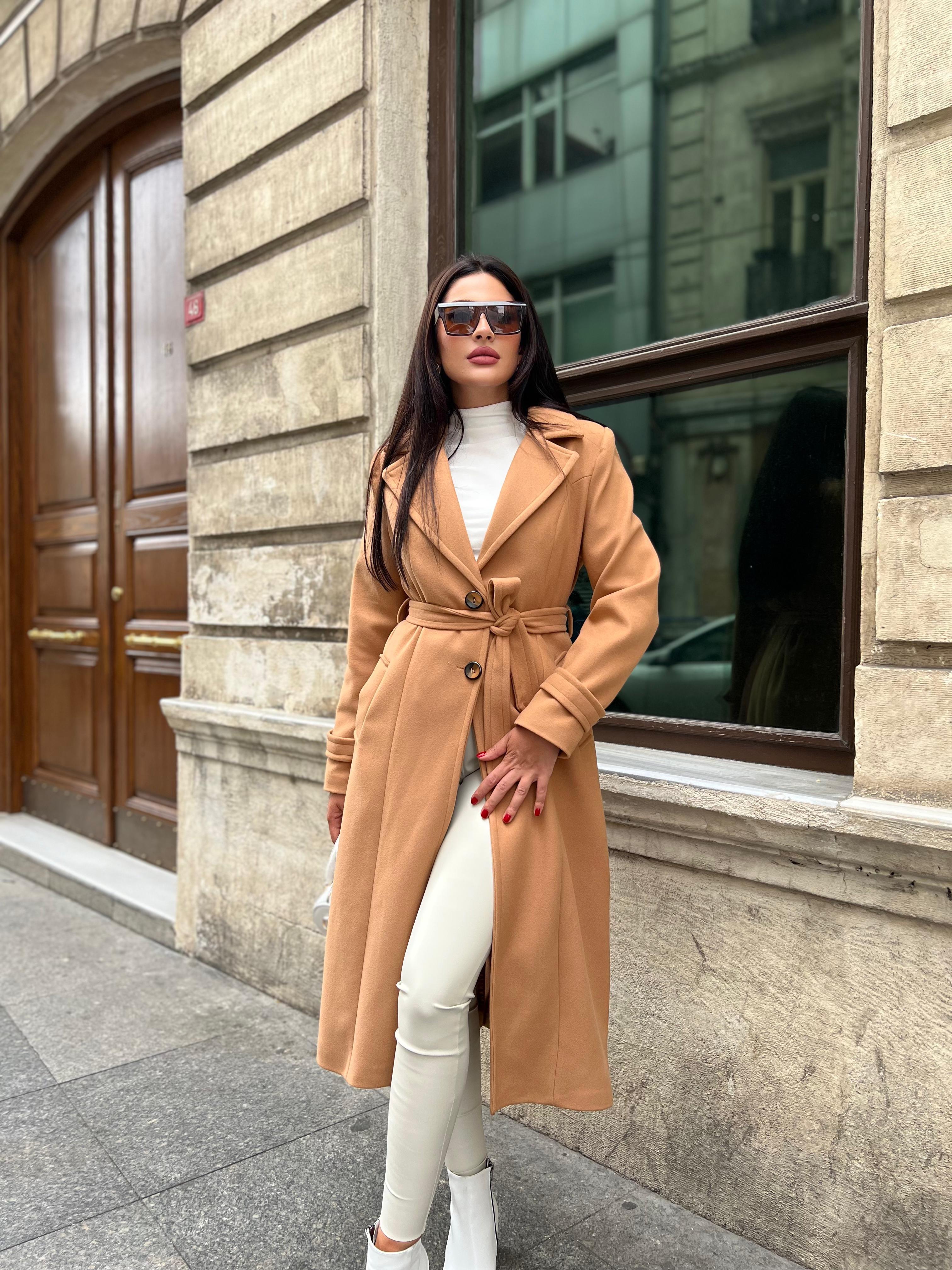 Premium Uzun Kaşe Kaban Camel