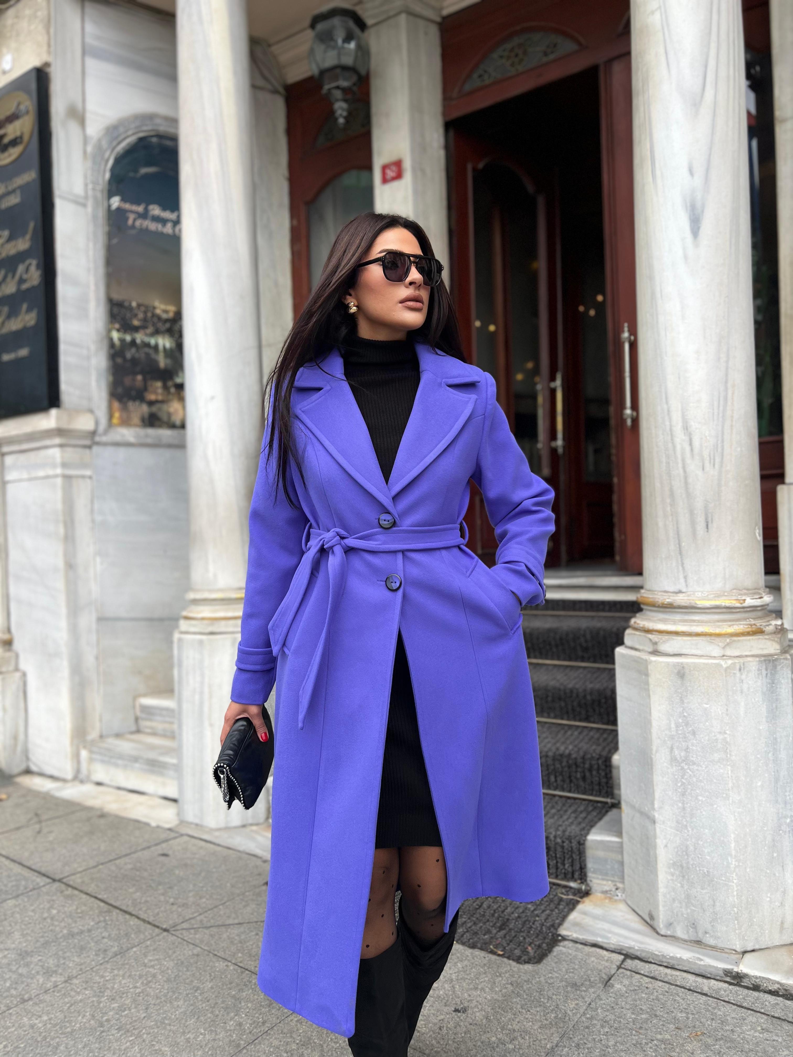 Premium Uzun Kaşe Kaban Mor