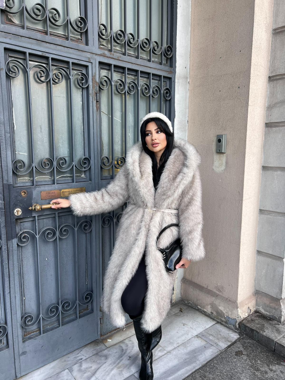 Printli Kapüşonlu Premium Kalite Kürk Bej