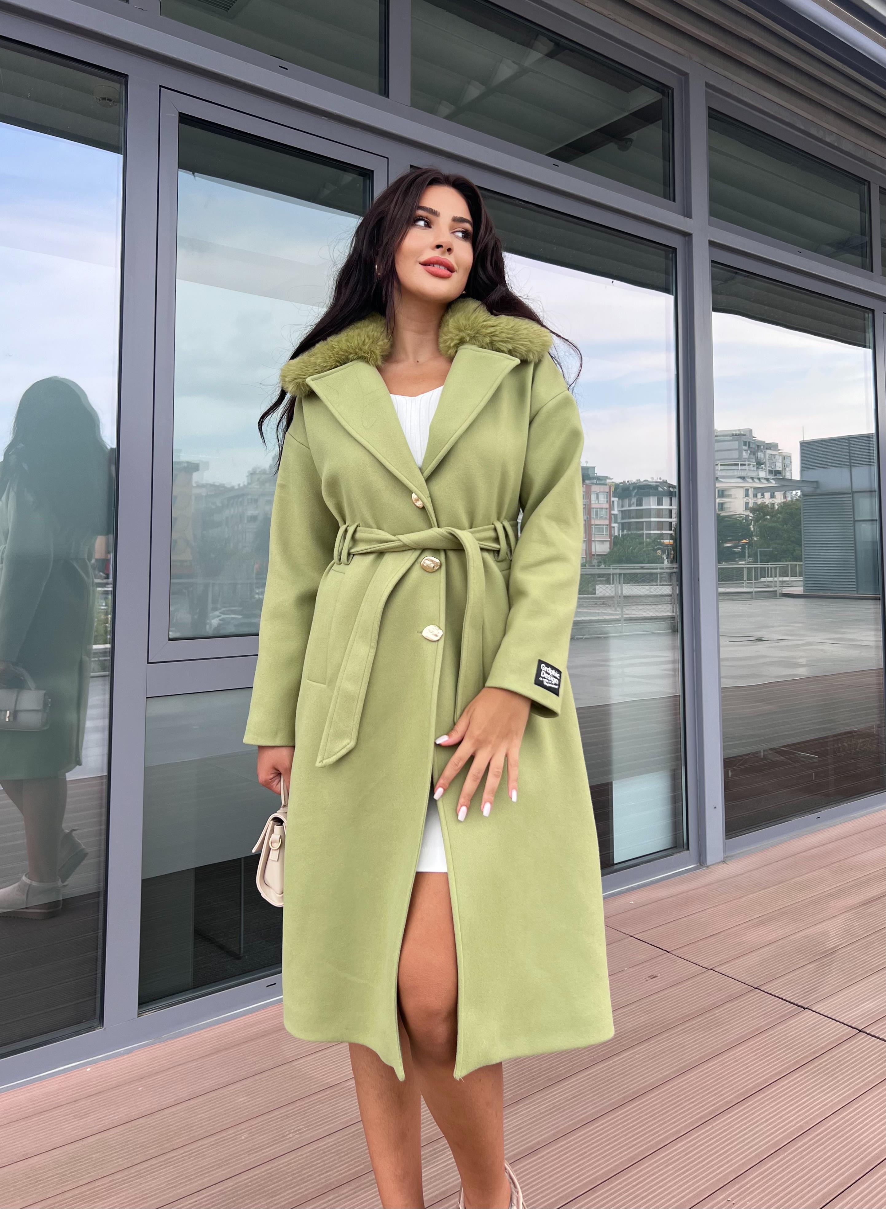 Rare Çıkarılabilir Kürklü Kaşe Kaban Çağla Yeşili