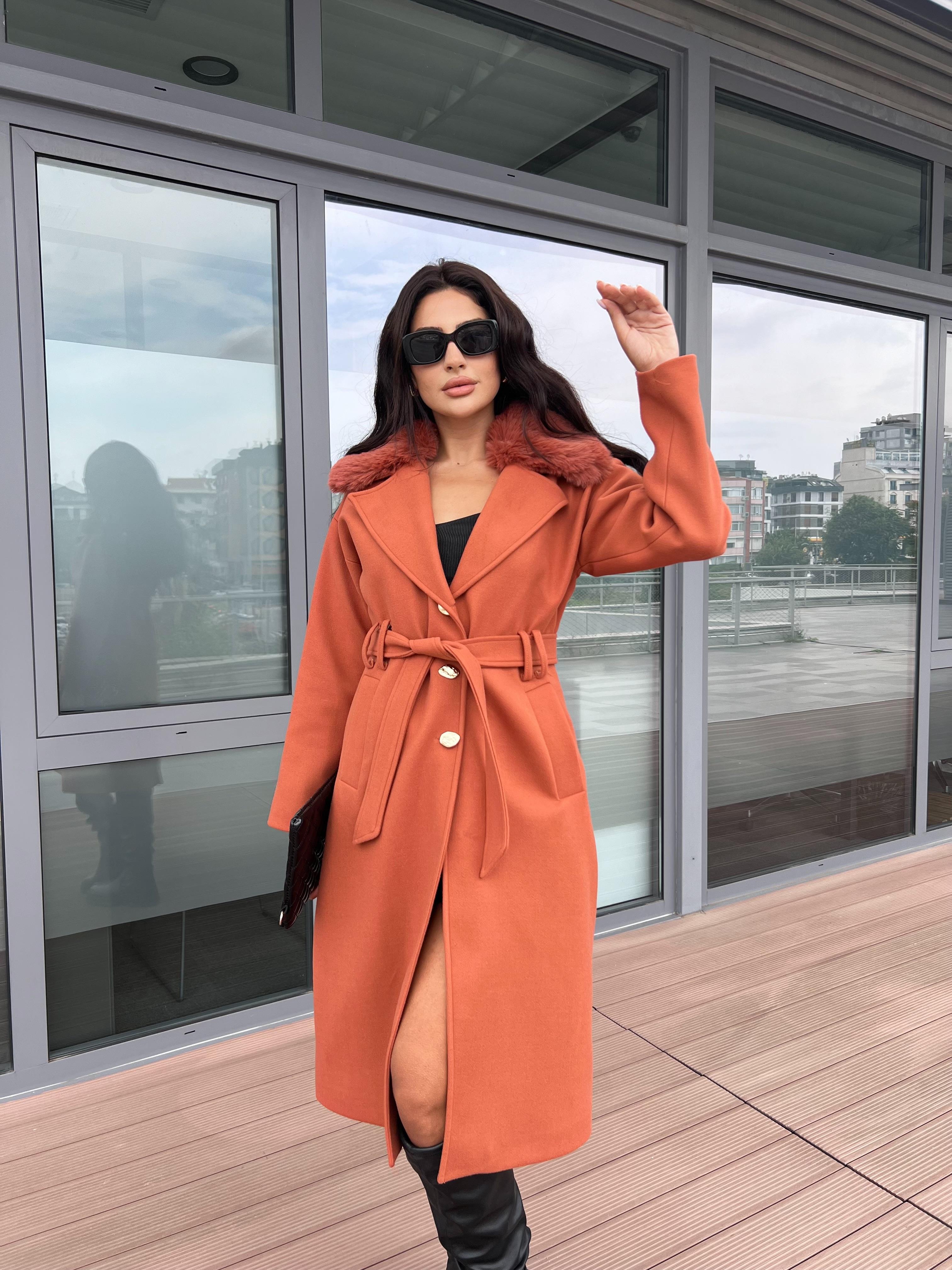 Rare Çıkarılabilir Kürklü Kaşe Kaban Kiremit