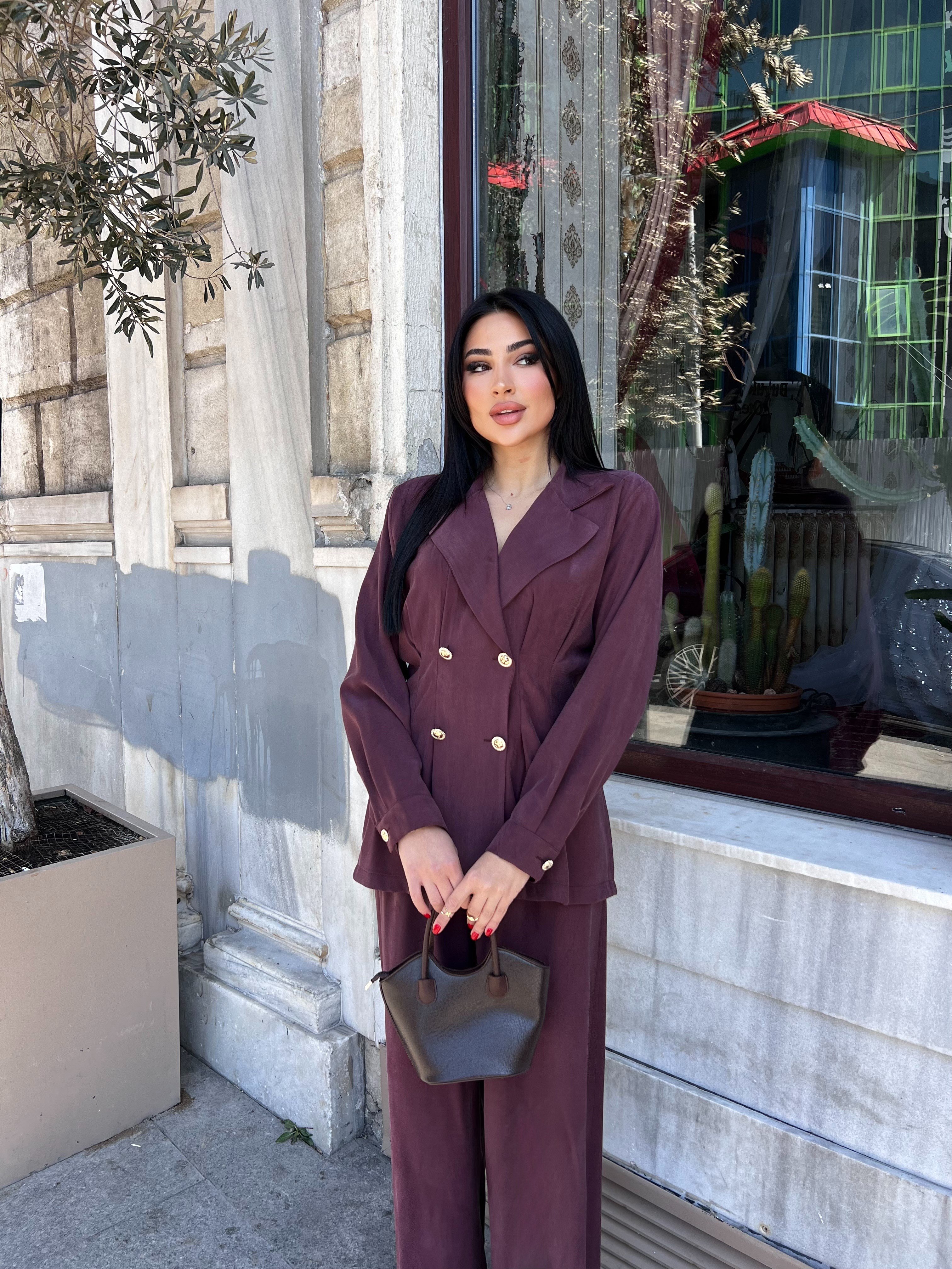 siena gold düğmeli takım bordo