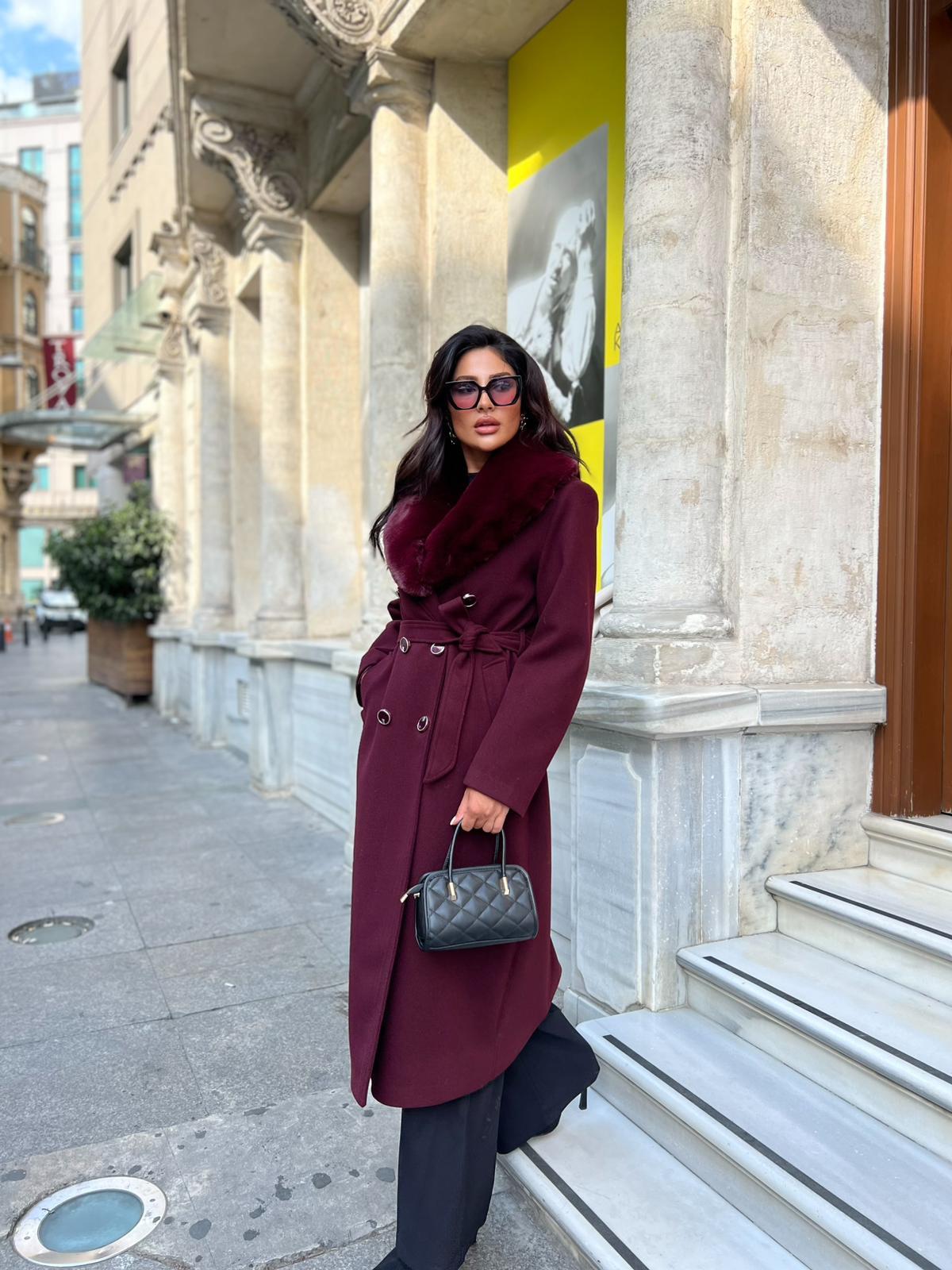 Takma Yaka Kaşe Kaban Bordo