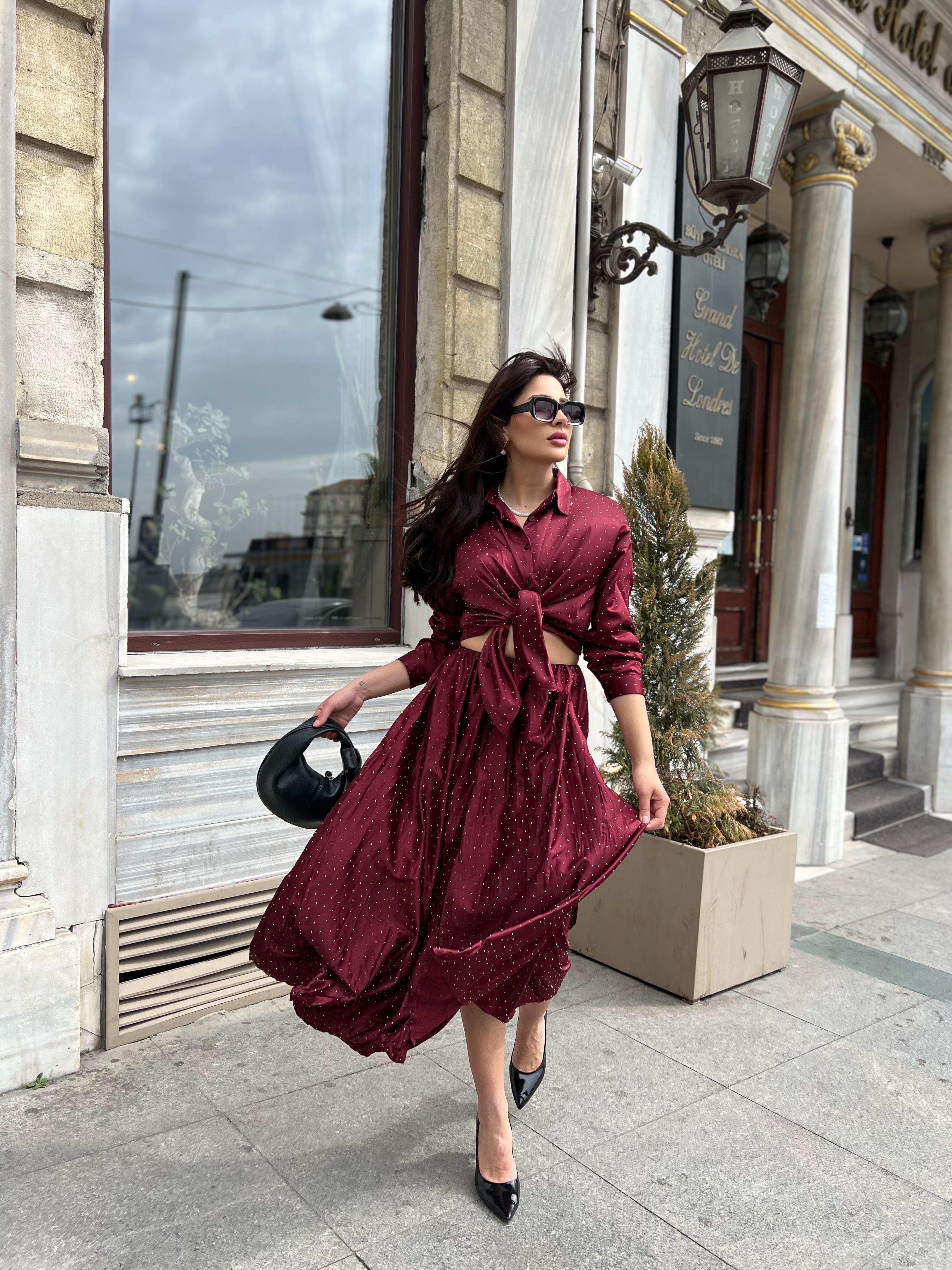 Taşlı İkili Etekli Takım Bordo