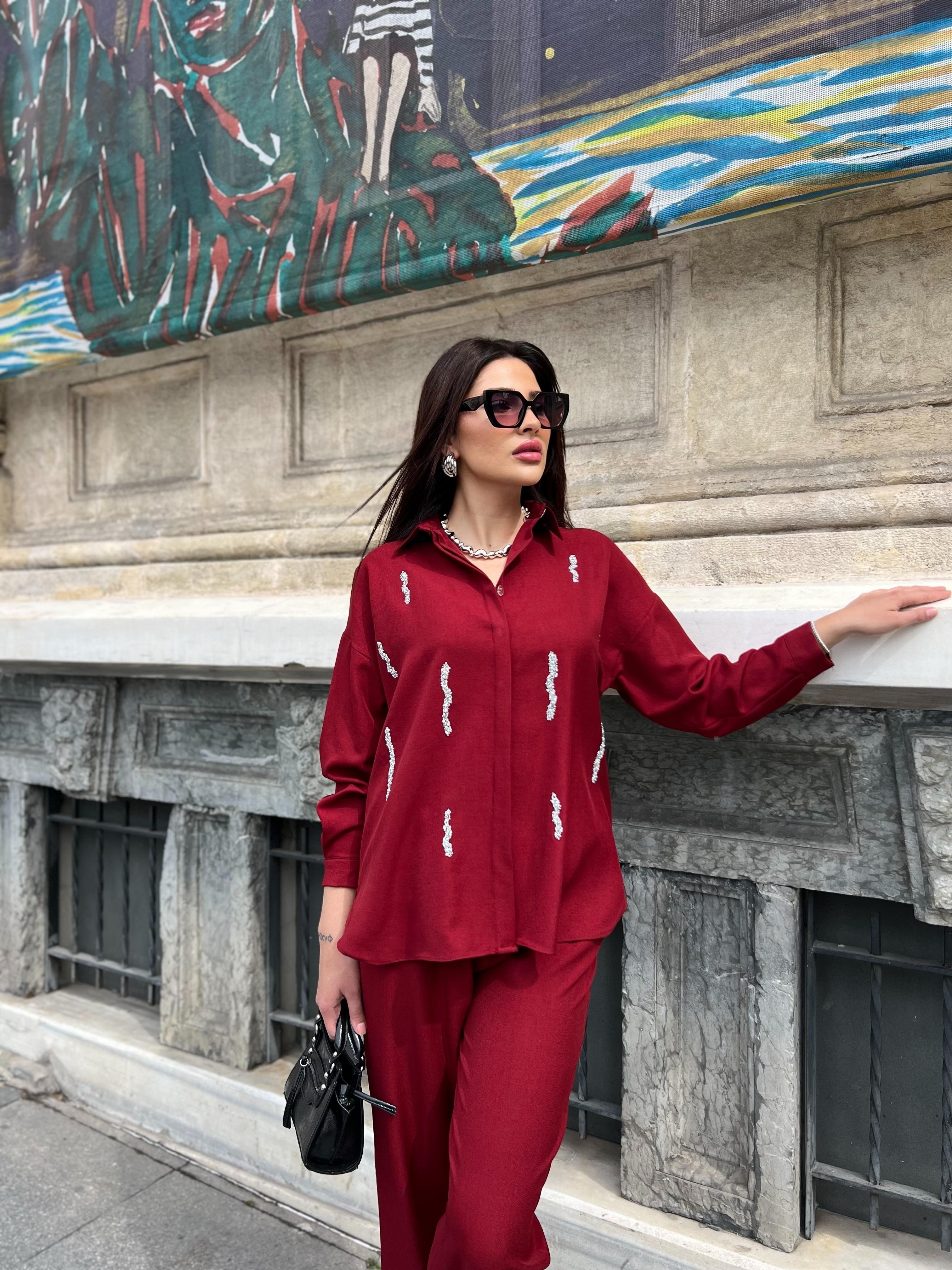 taşlı keten takım bordo