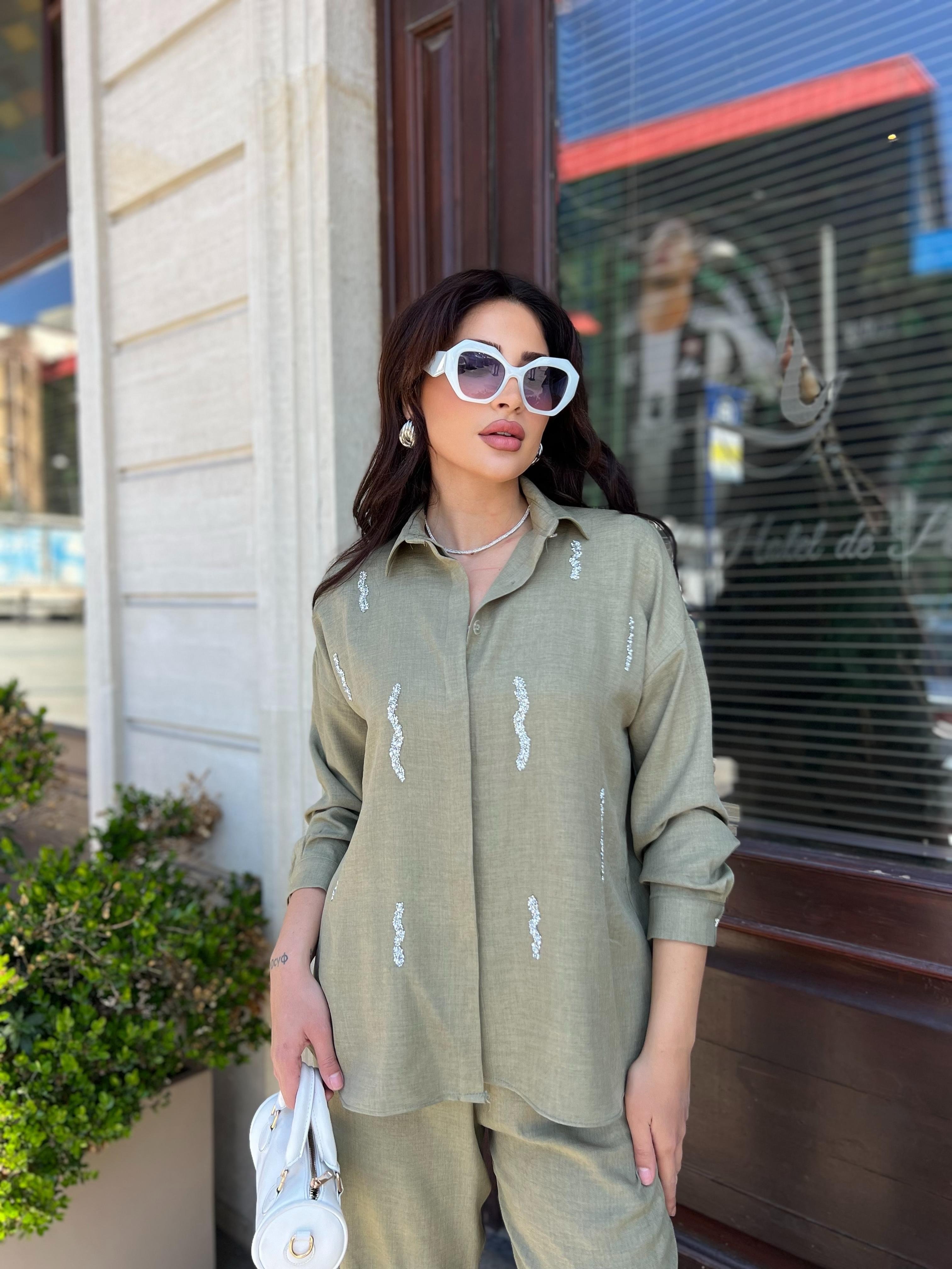 taşlı keten takım haki