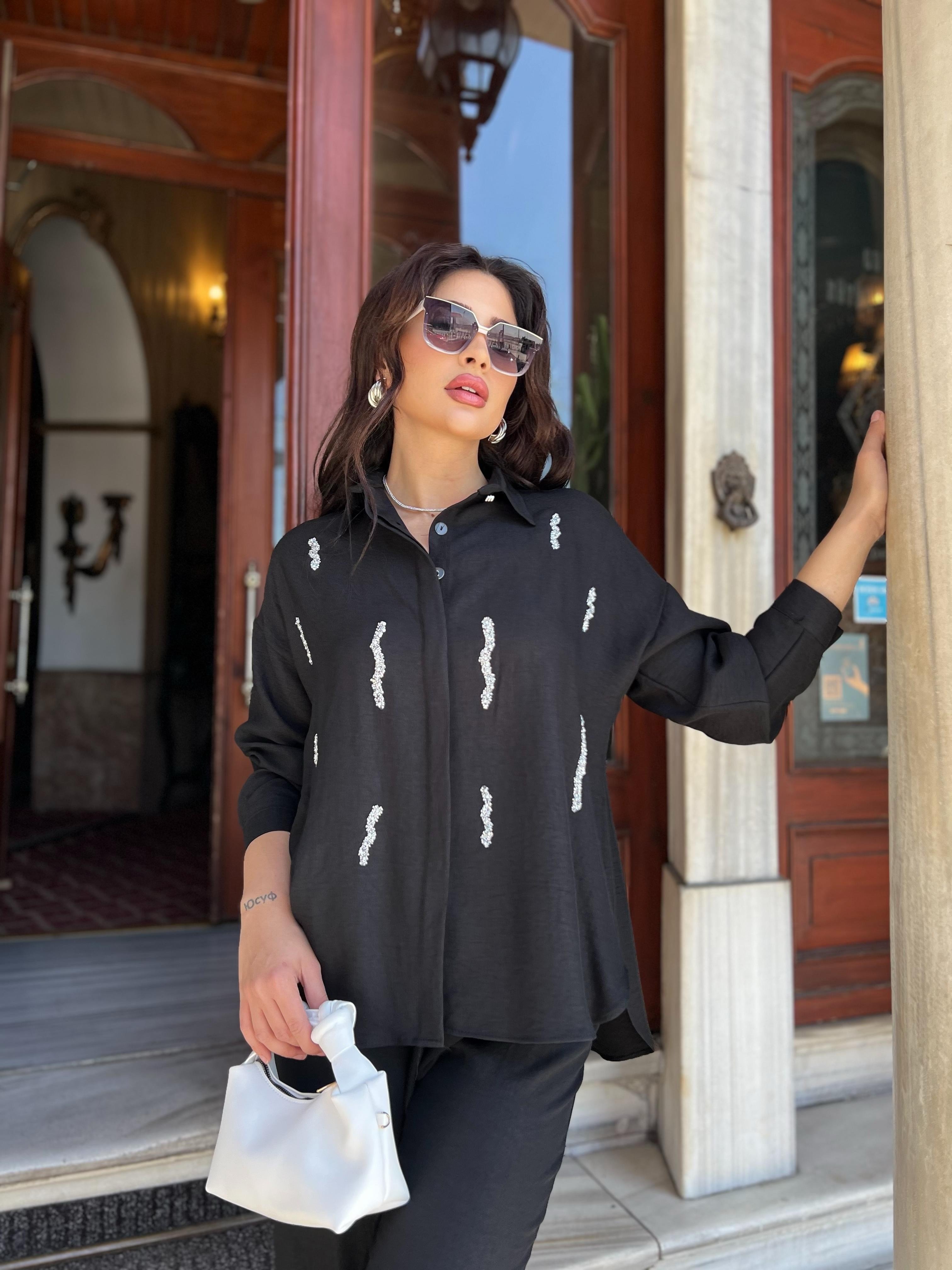 taşlı keten takım siyah