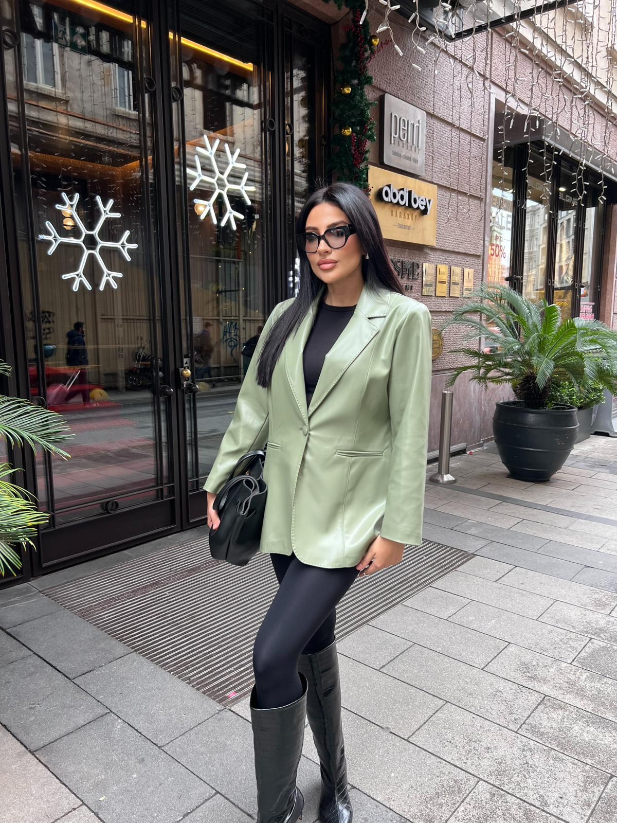 Tek Düğmeli Deri Ceket Yeşil