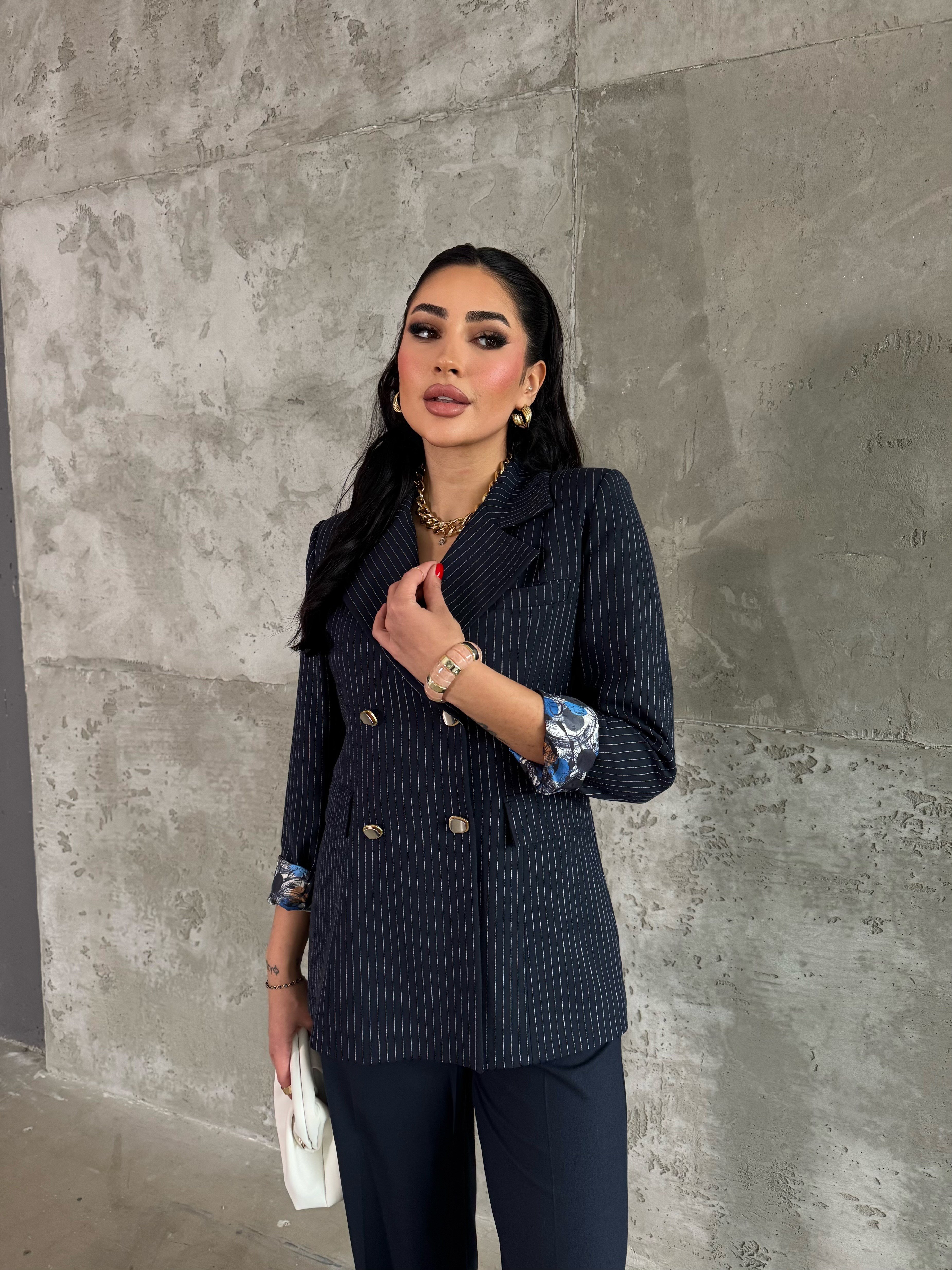 tila çizgili ceket takım lacivert 