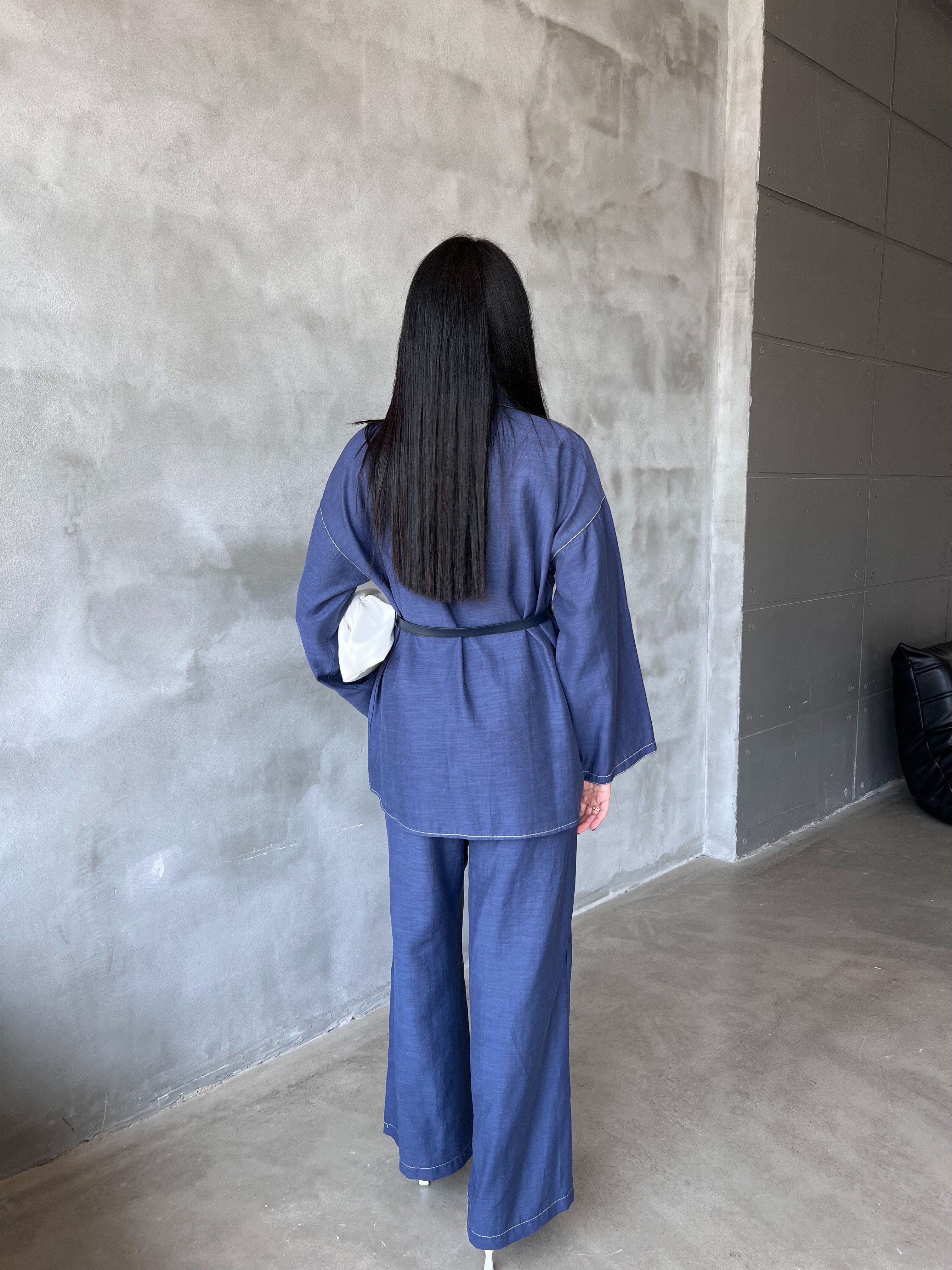 tila kemerli keten takım mavi 