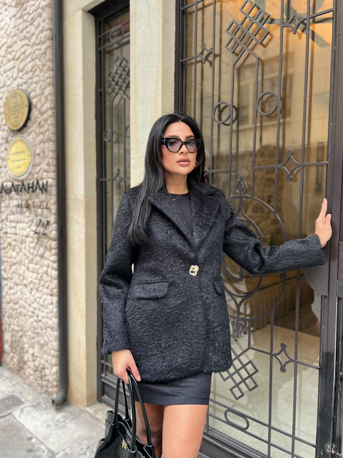 Tüylü Tek Düğmeli Ceket Siyah